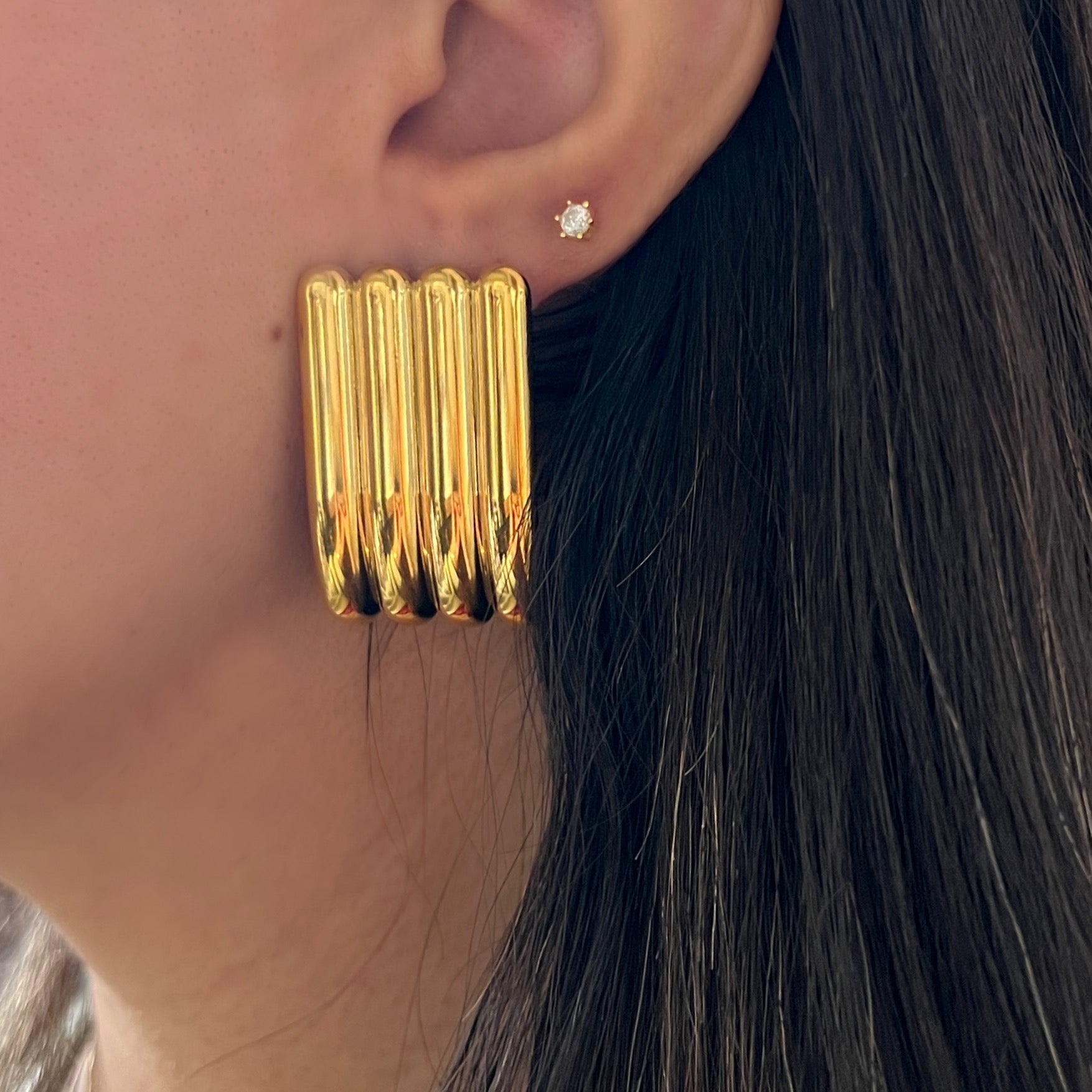 Large Rectangle Ribbed Gold Earrings