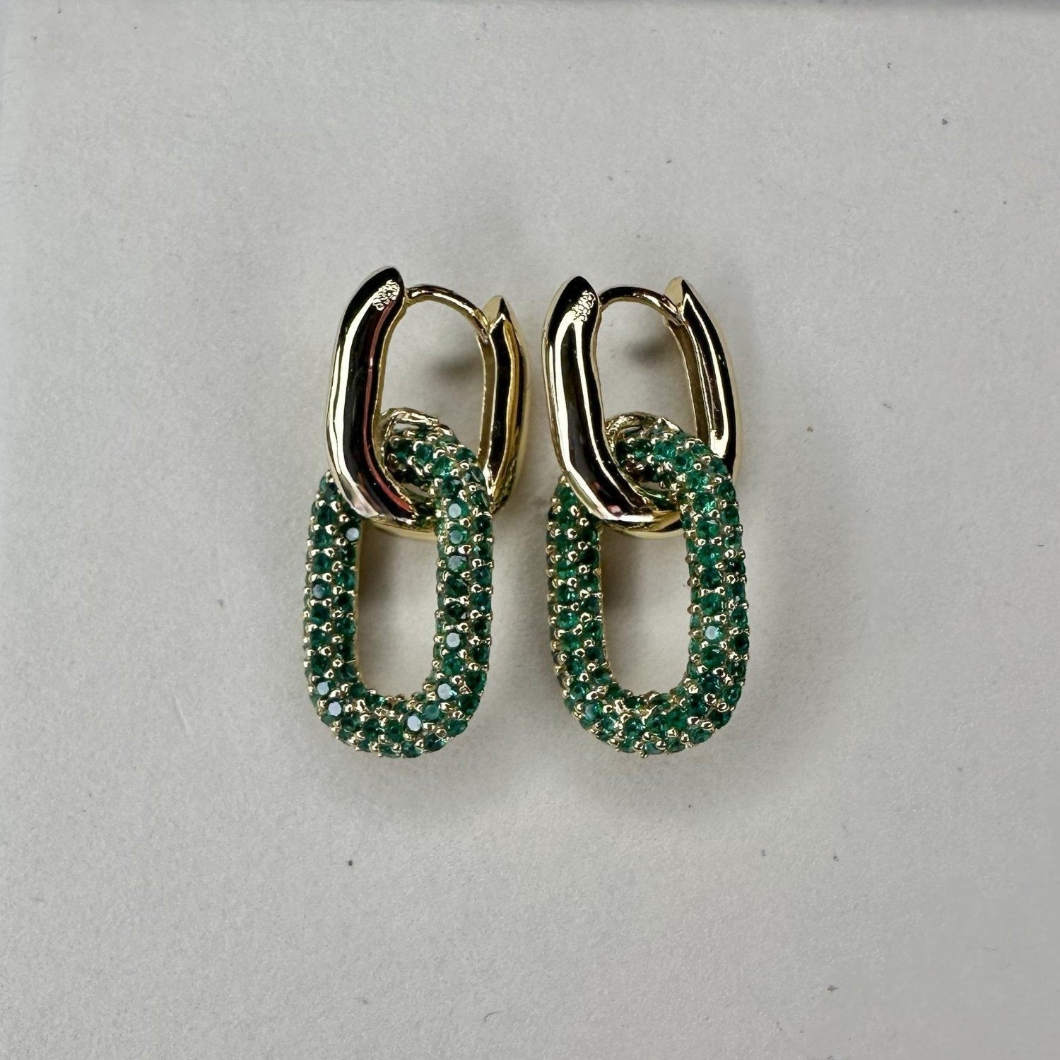 Gold Huggie Earrings With Green Pave Gemstone Charm
