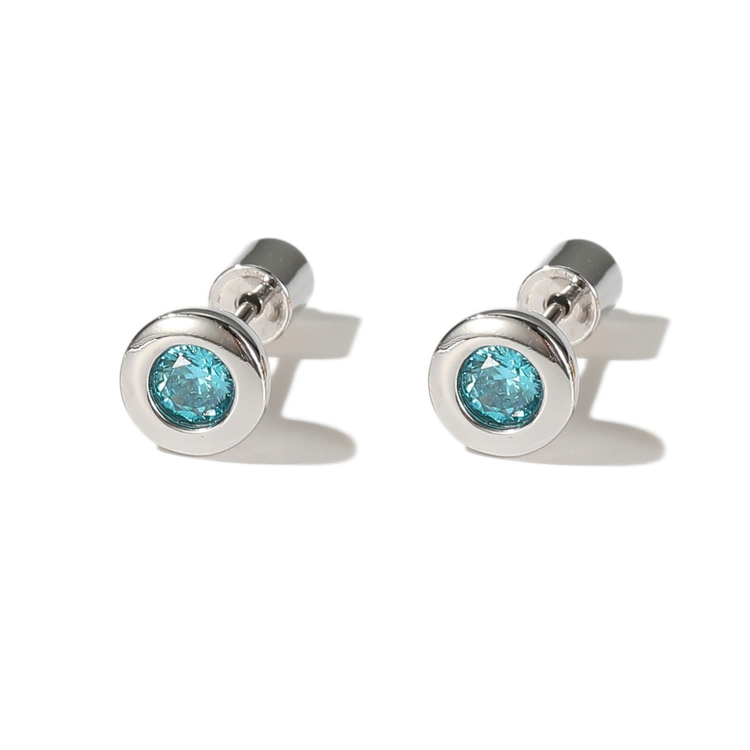 Aurora Silver Bezel Set Aquamarine Blue Solitaire Stud Earrings