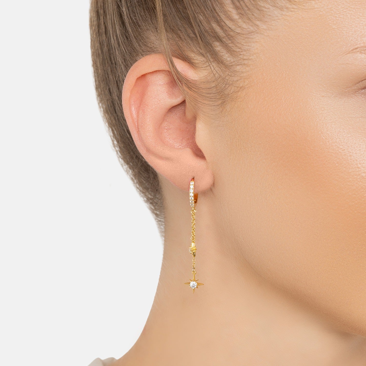 Aurora Star Double Chain Huggie Hoop Earrings Gold