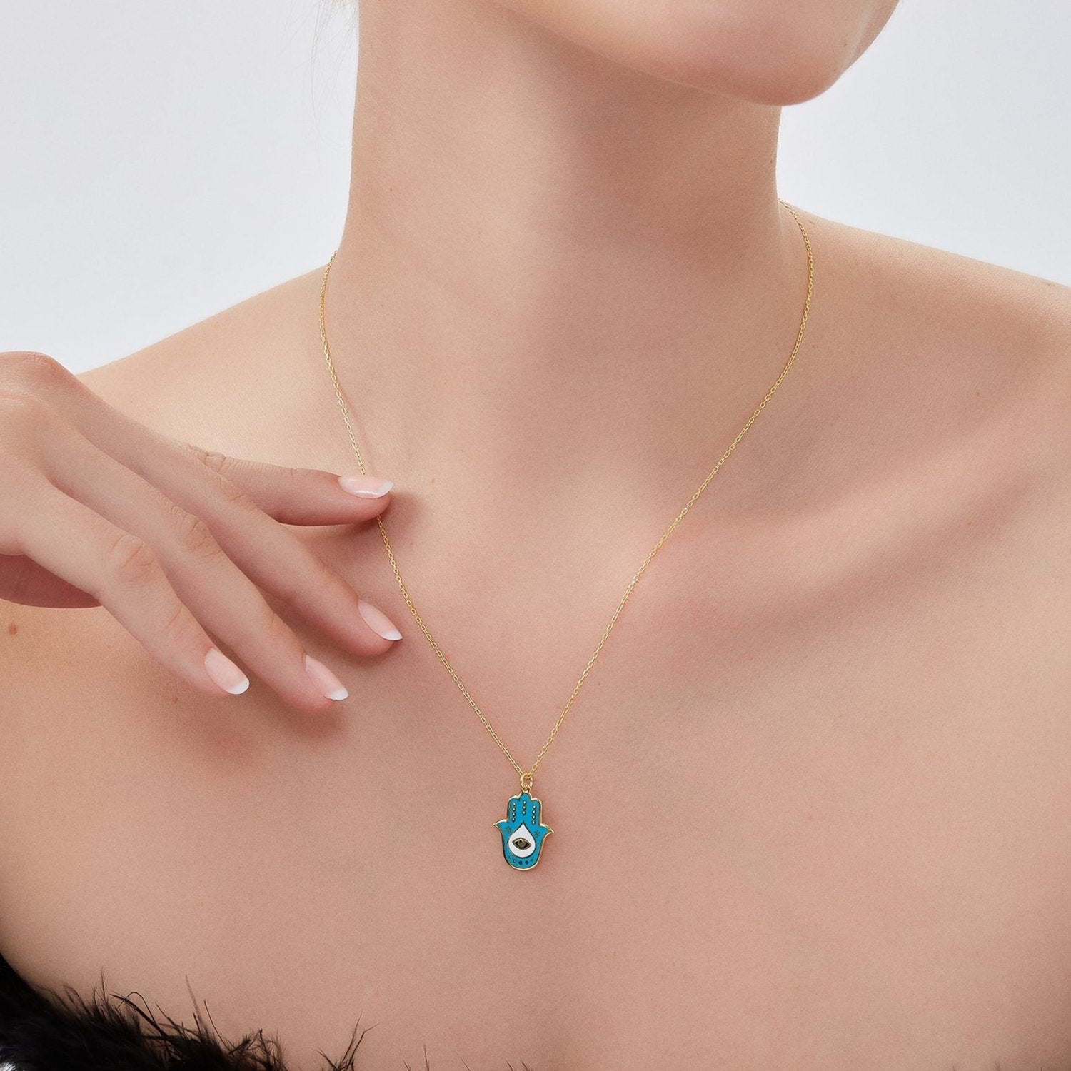 Authentic Turquoise Color Hamsa Hand Necklace Sterling Silver