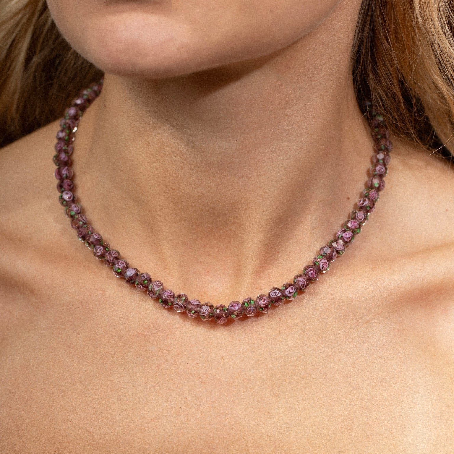 Autumn Rose Glass Beaded Necklace In Gold