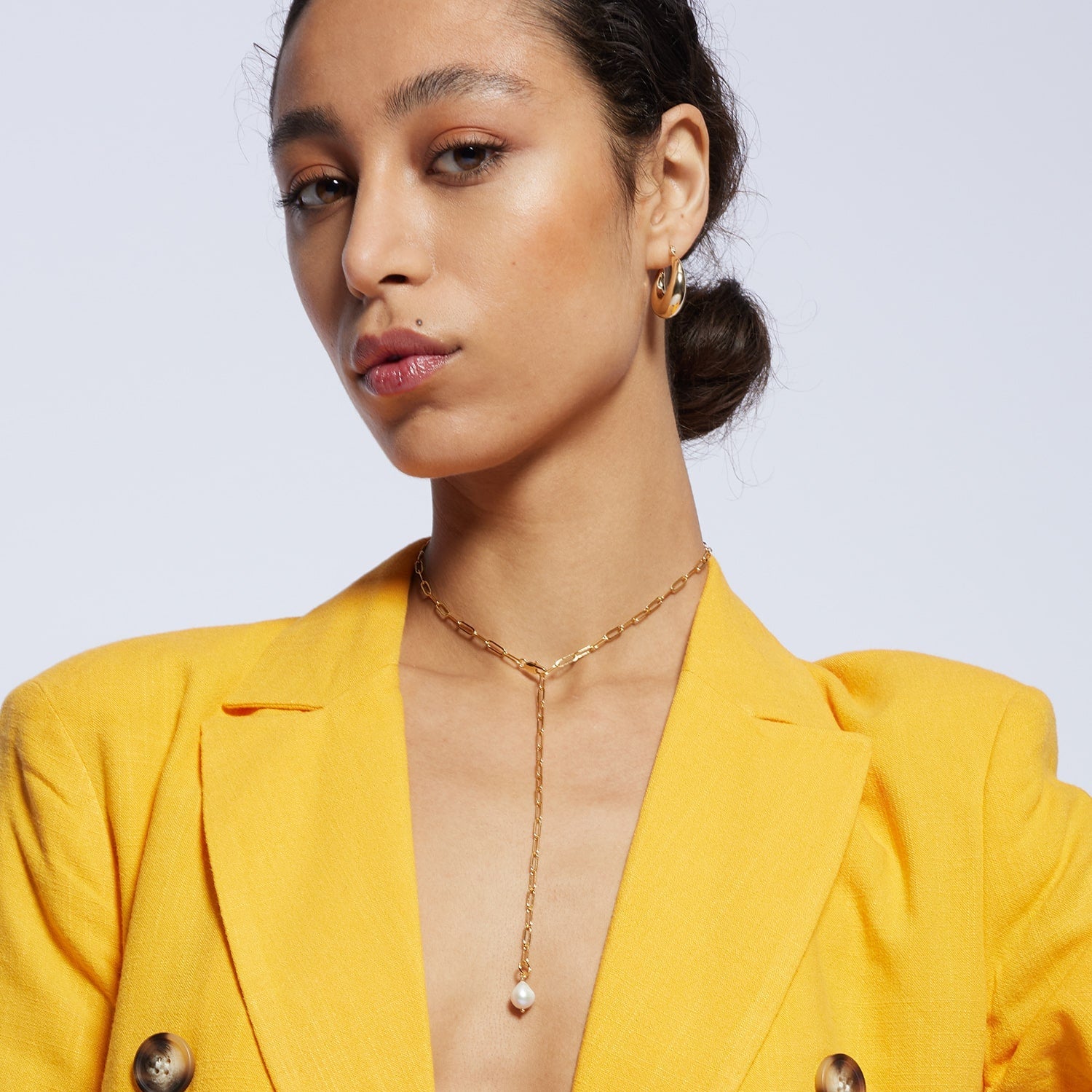 Alba Tie Gold Chain Necklace With White Pearl Charm