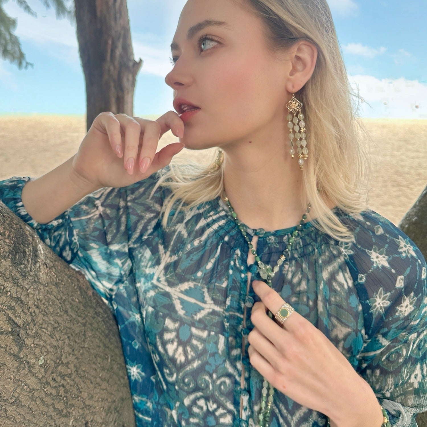 Aventurine Stone Platinum Plated Brass Adjustable Ring