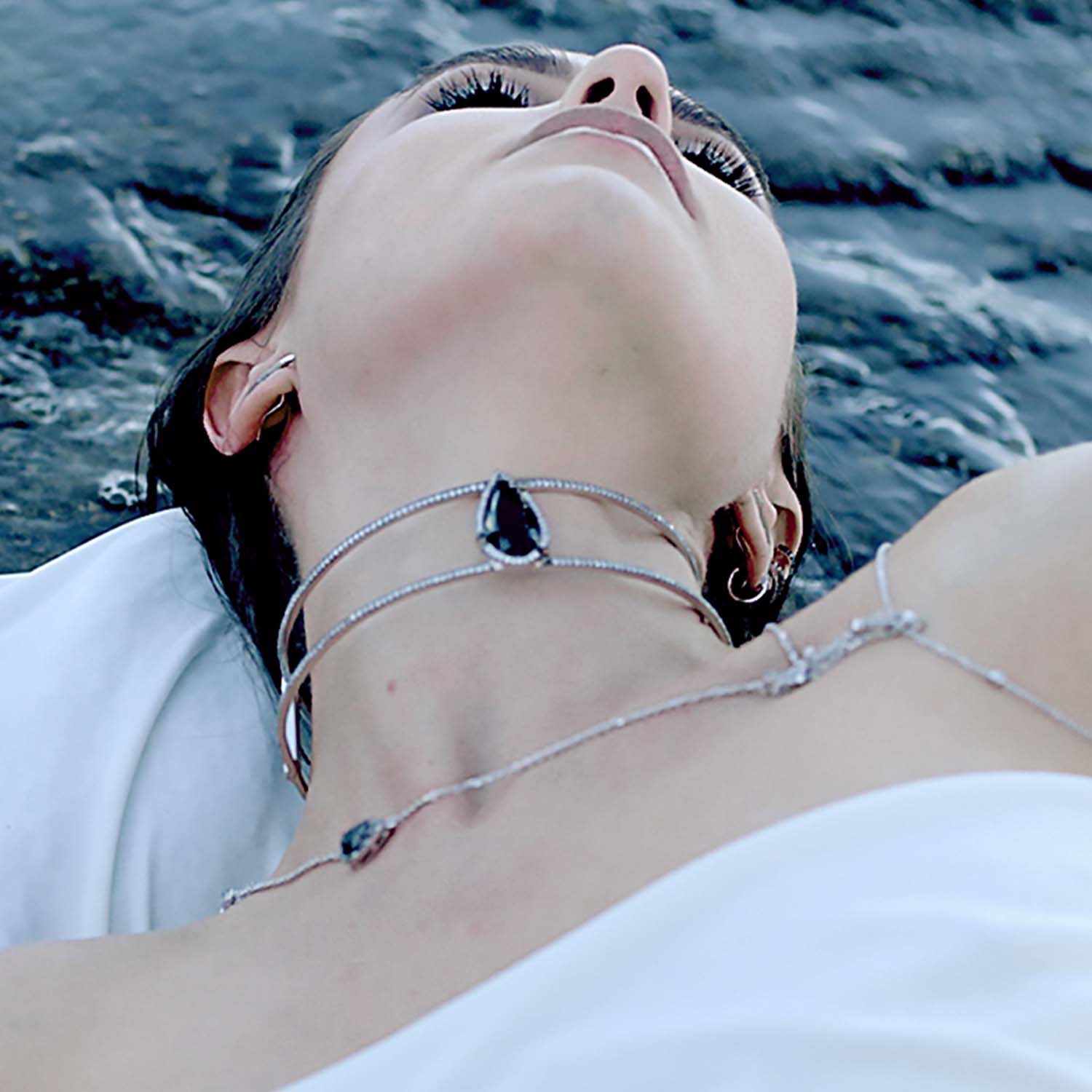 Awaken Choker With Natural Black Diamond & Man Made White And Black Cz Diamond Stimulant In Platinum