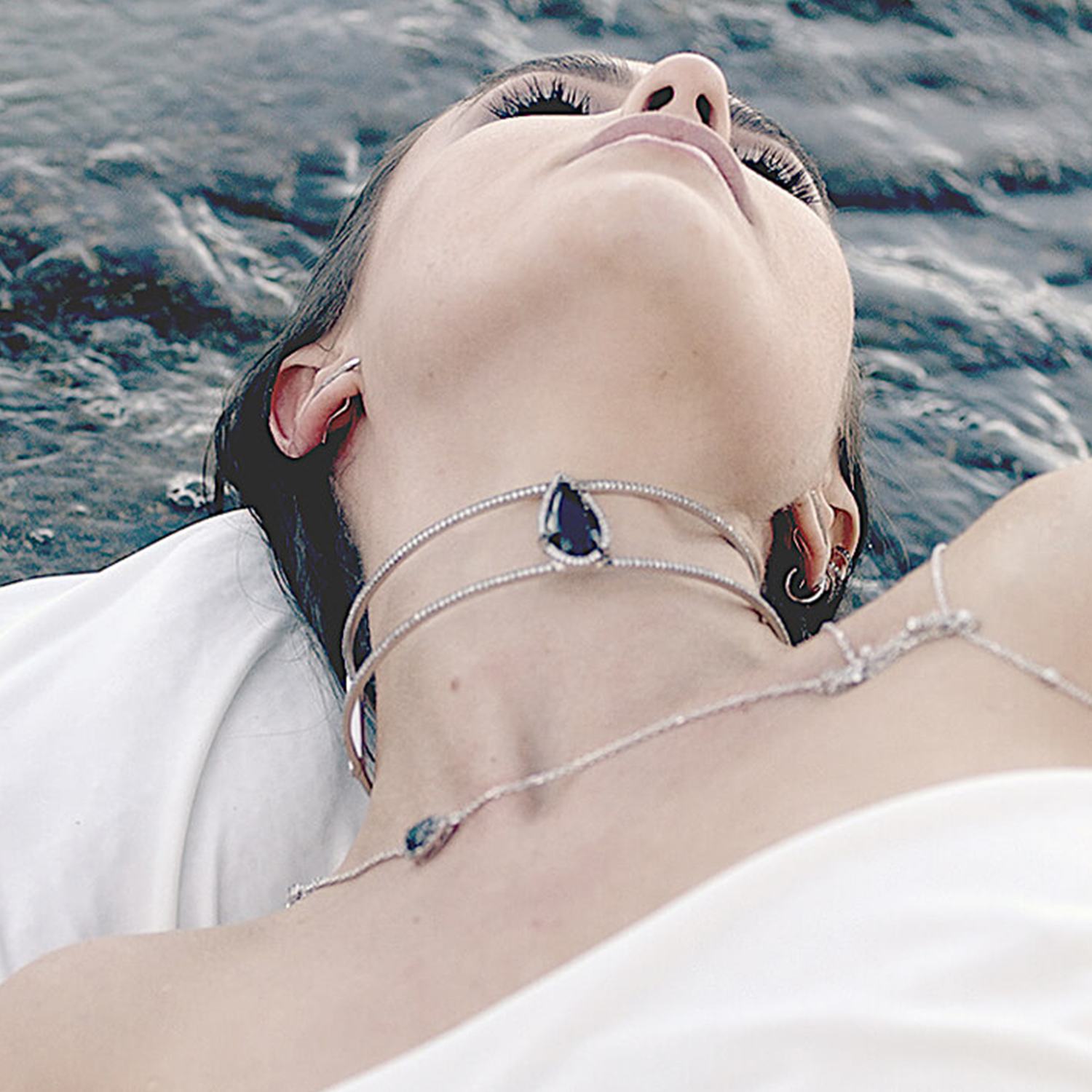 Awaken Choker With Natural Black Diamond & Man Made White Cz Diamond Stimulant In Platinum