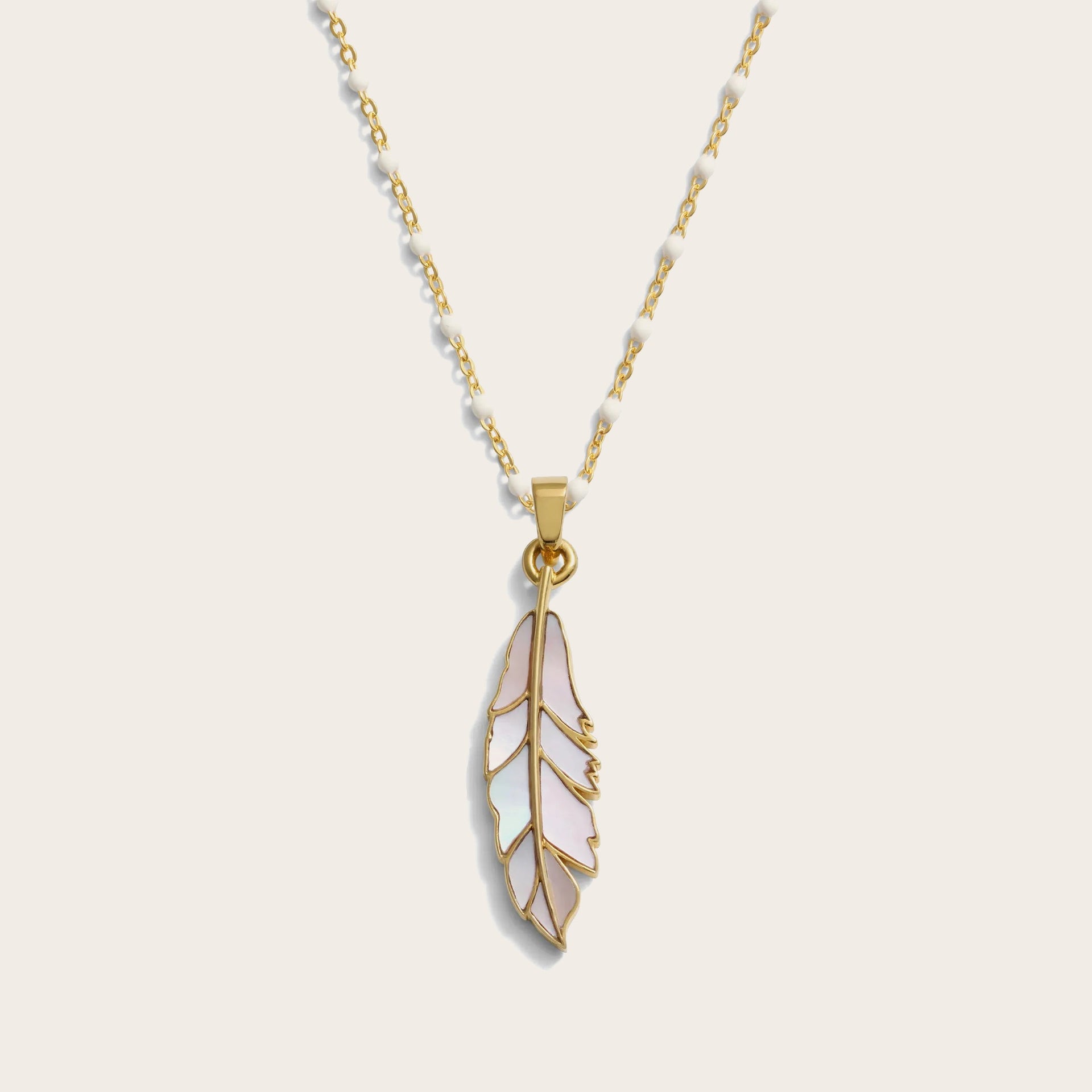 Mother of Pearl Feather White Enamel Necklace