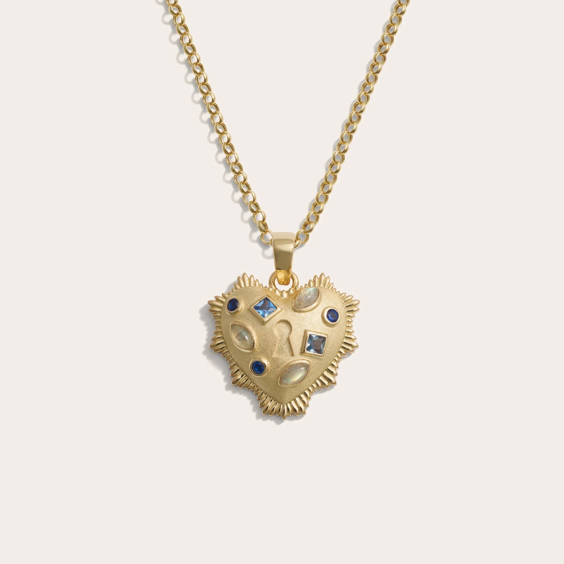 Blue Gemstone Locked Radiant Heart Necklace