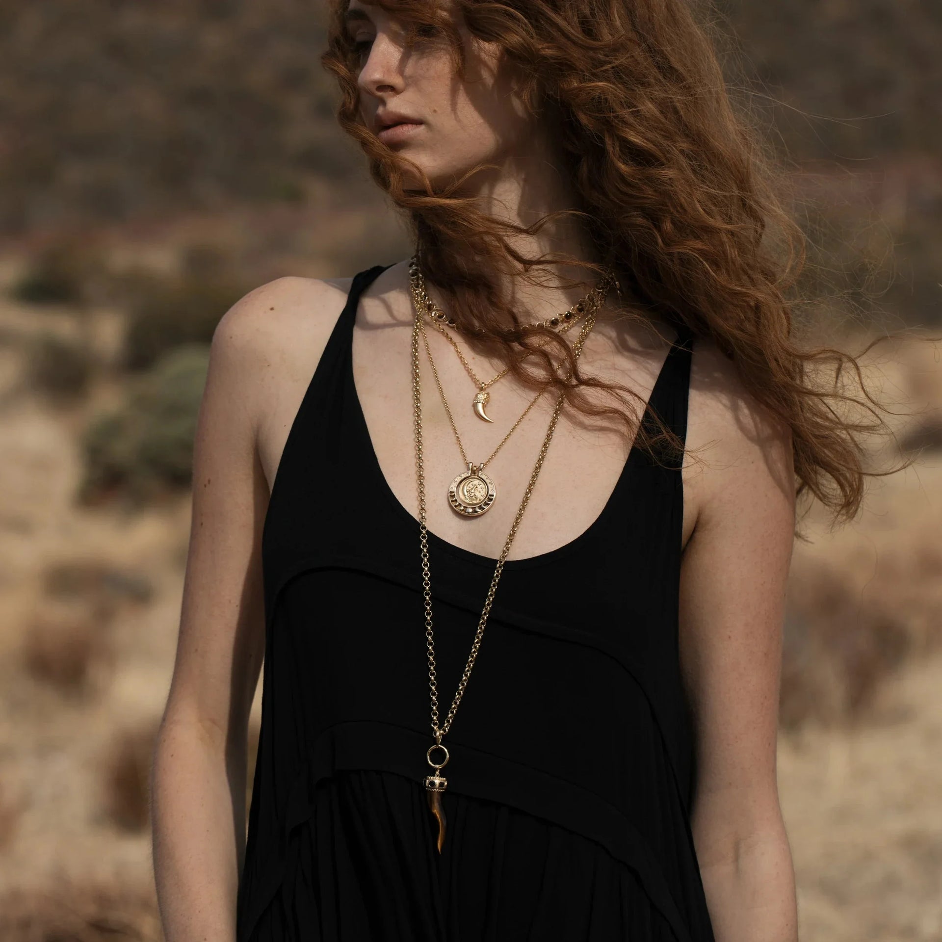 Long Tiger's Eye Horn Charm Necklace