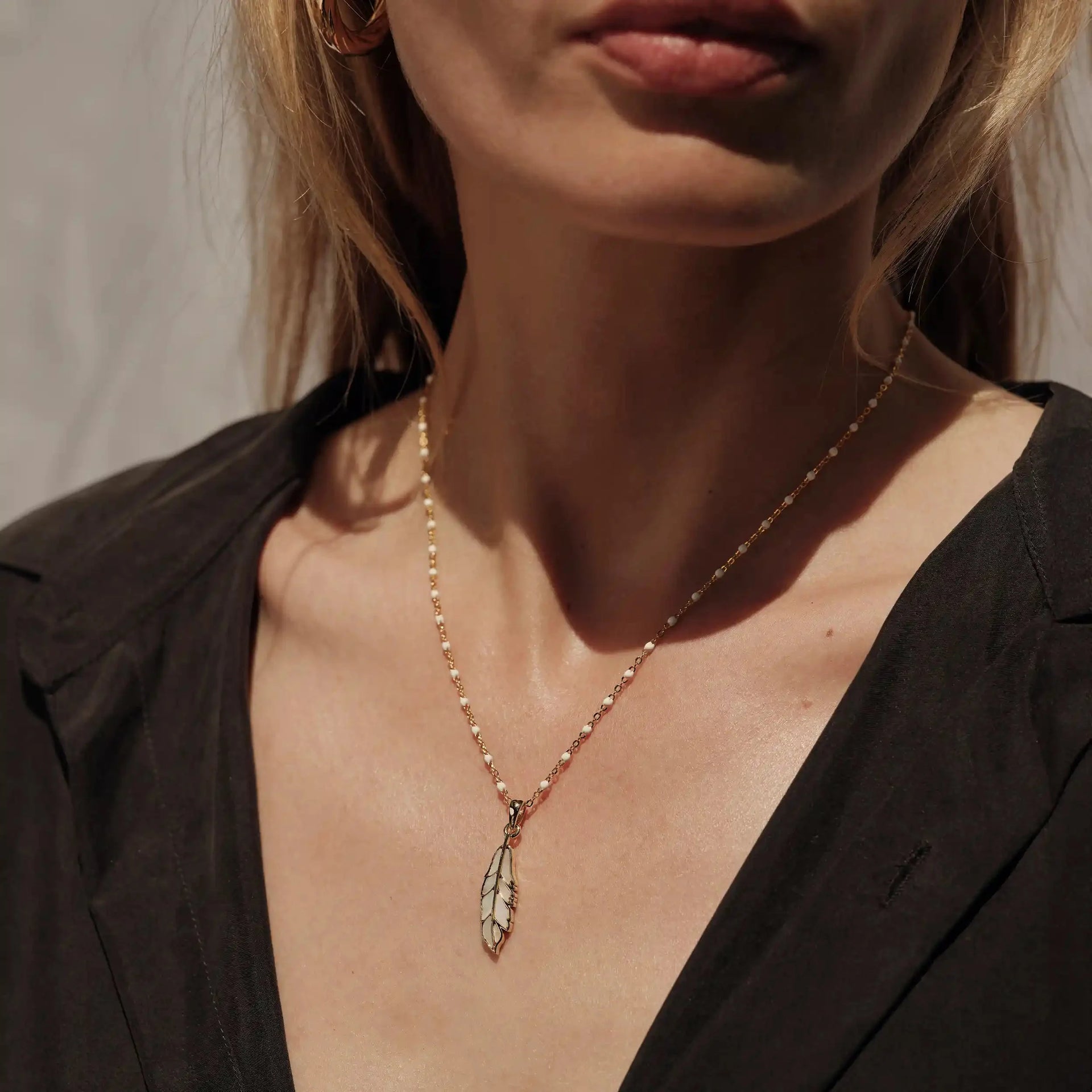 Mother of Pearl Feather White Enamel Necklace