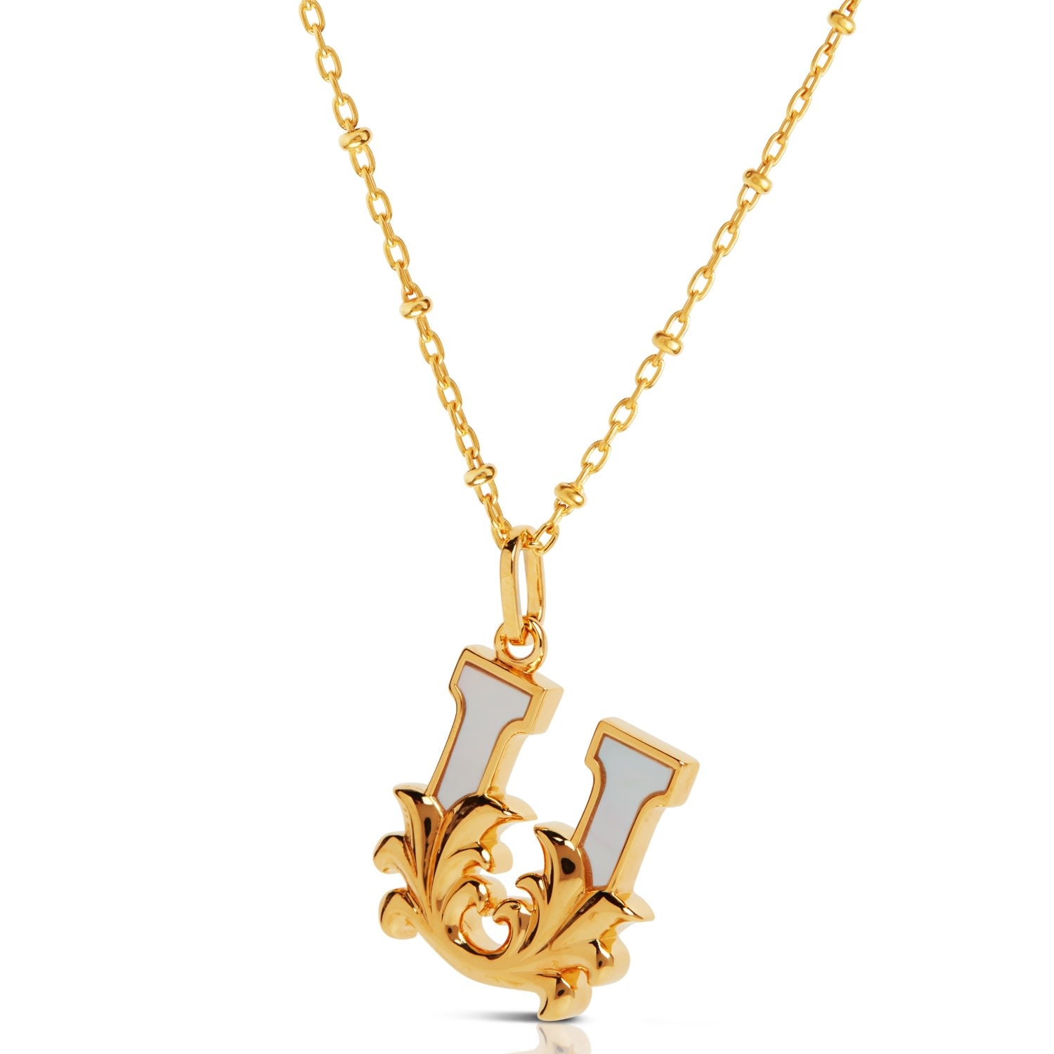 Gold Plated U Initial Necklace With Mother Of Pearl