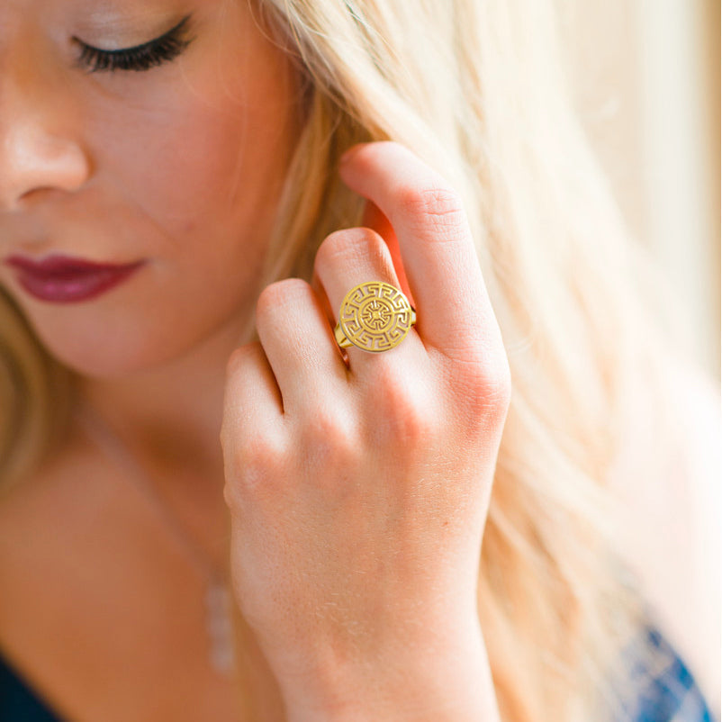 Yellow Gold Plate Aztec Ring