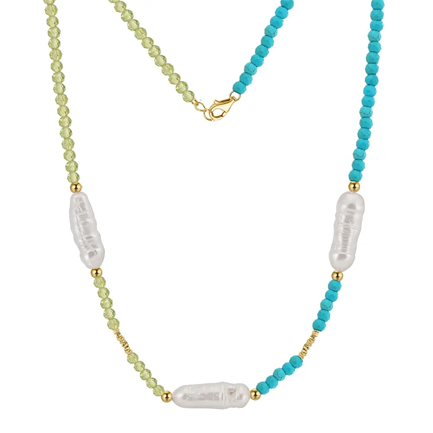 Azurae Peridot, Pearl & Turquoise Beaded Necklace