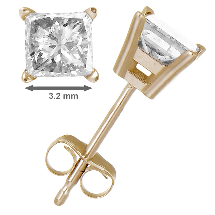 3/4 cttw Princess Cut Diamond Stud Earrings 14k Yellow Gold 4 Prong with Push Backs