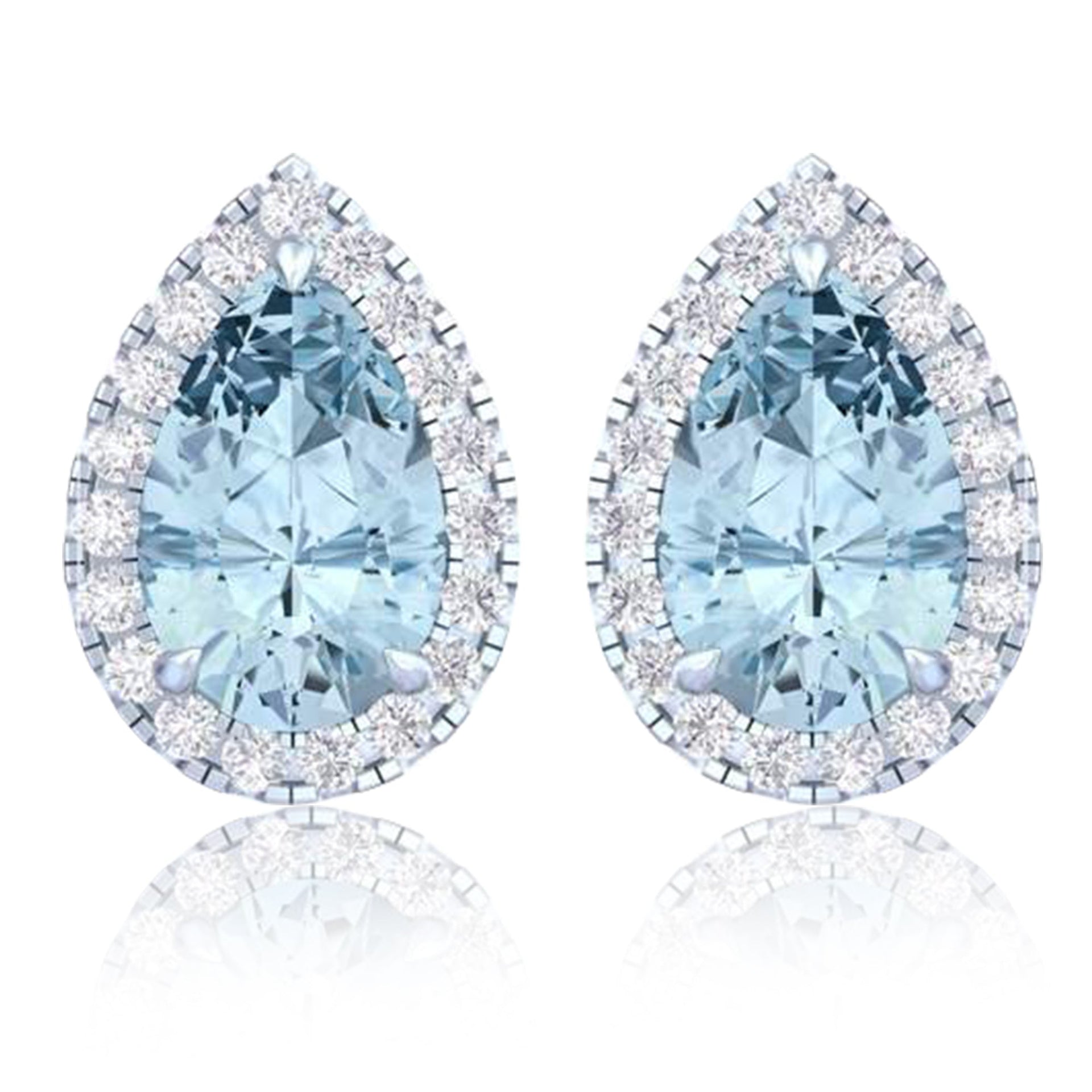 14k White Gold Vivid Blue Pear Cut 4 CT Lab-grown Diamond Halo Stud Earrings