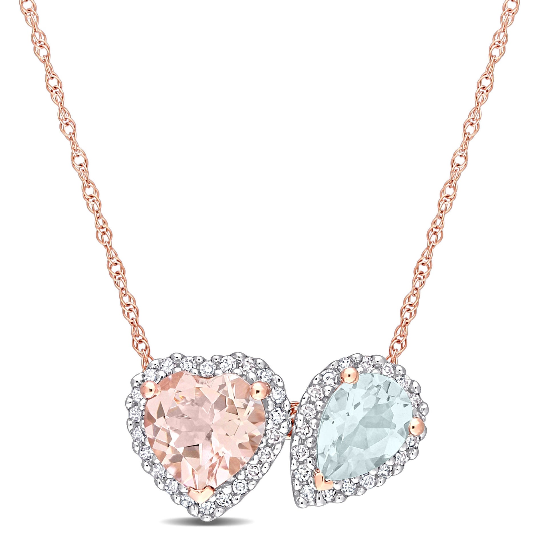 1 3/4 CT TGW Heart Shape Morganite Pear Shape Aquamarine and 1/5 CT TW Diamond Pendant with Chain in 10K Rose Gold