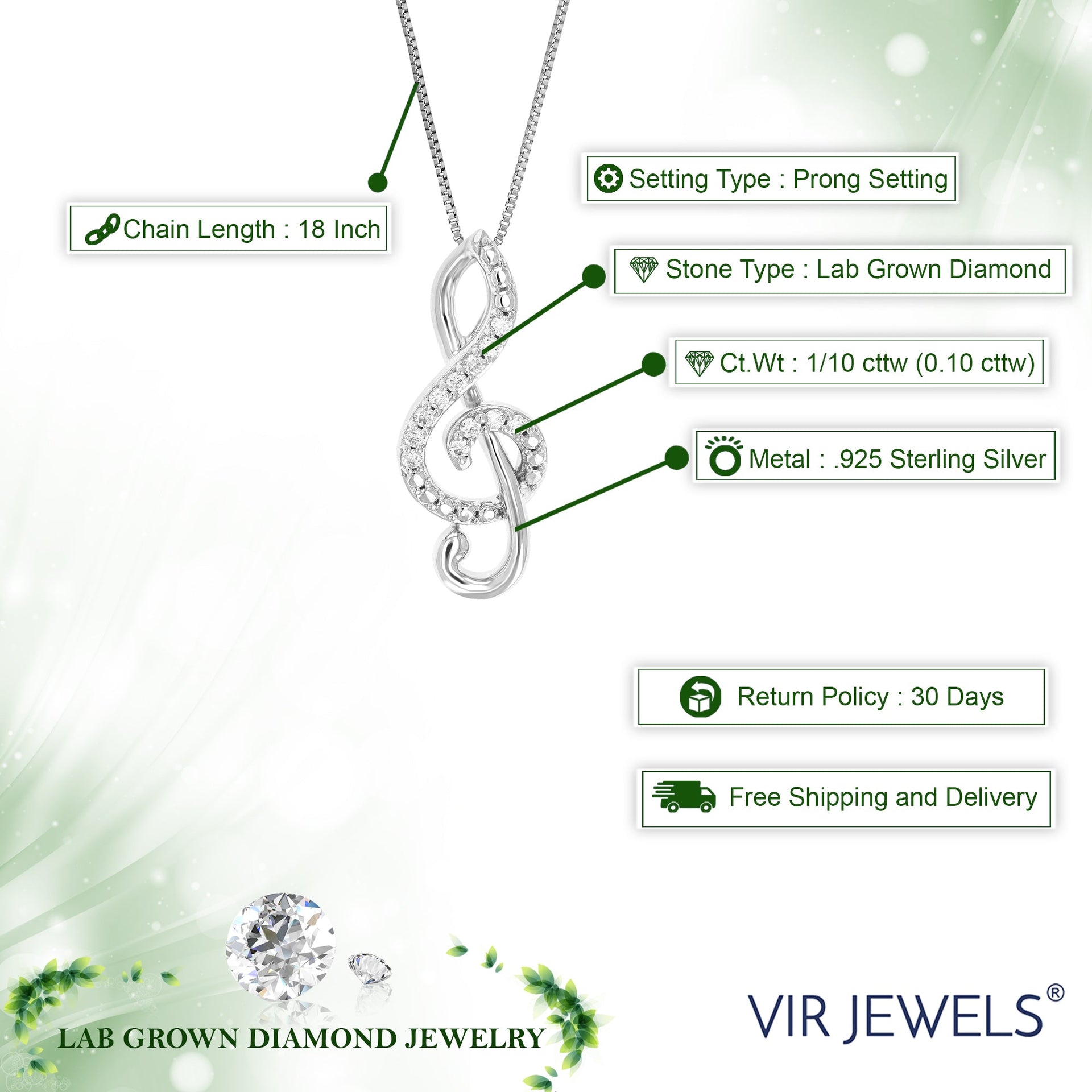 1/10 cttw Lab Grown Round Diamond Pendant Necklace .925 Sterling Silver 1/4 Inch With 18 Inch Chain
