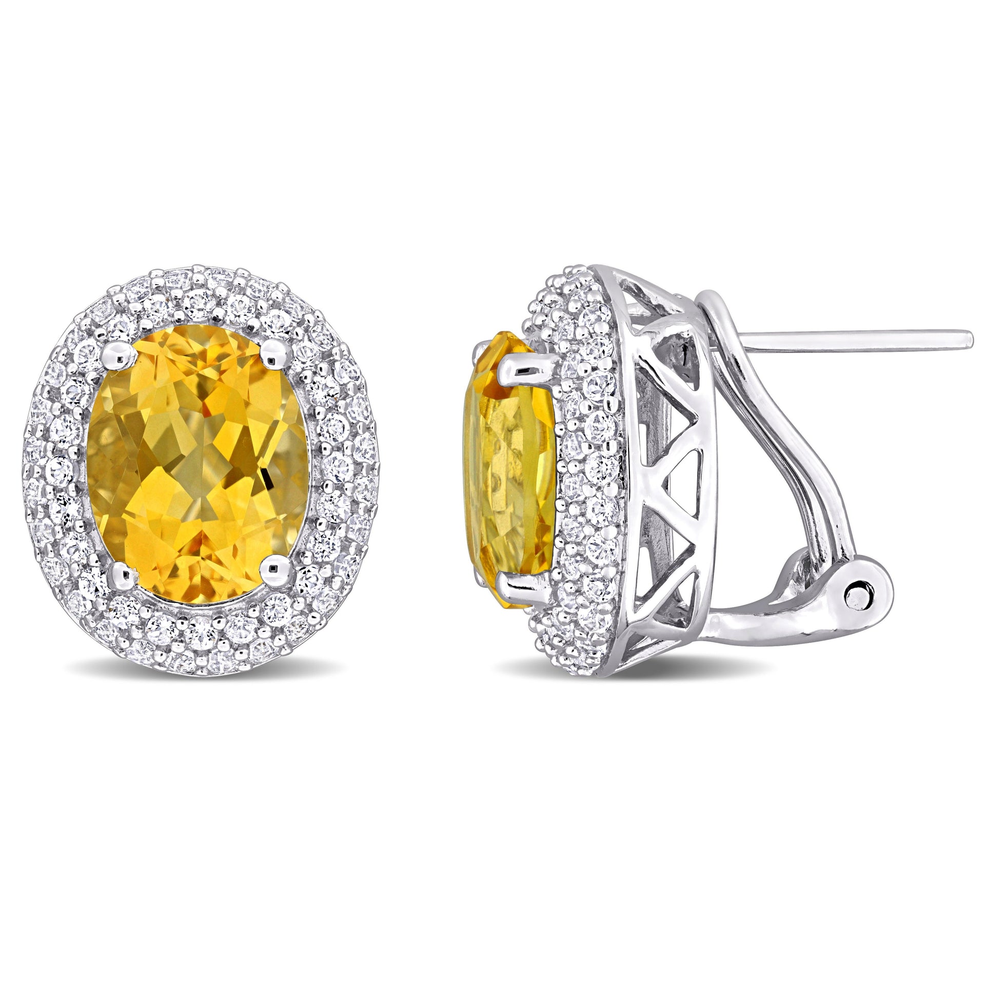 Mimi & Max 7 4/5ct TGW Oval-Cut Citrine and White Topaz Double Halo Leverback Earrings in Sterling Silver