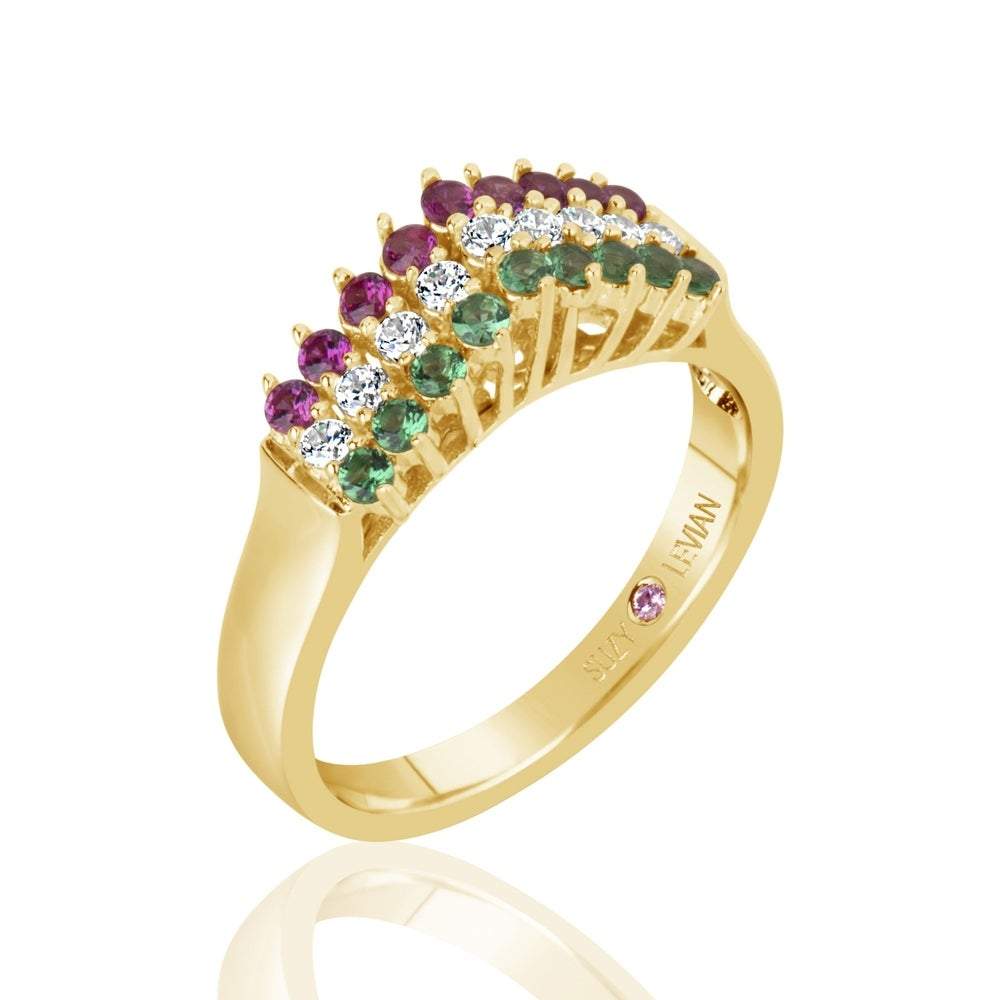 Suzy Levian Golden Sterling Silver Cubic Zirconia Italian 3-Row Pyramid Ring