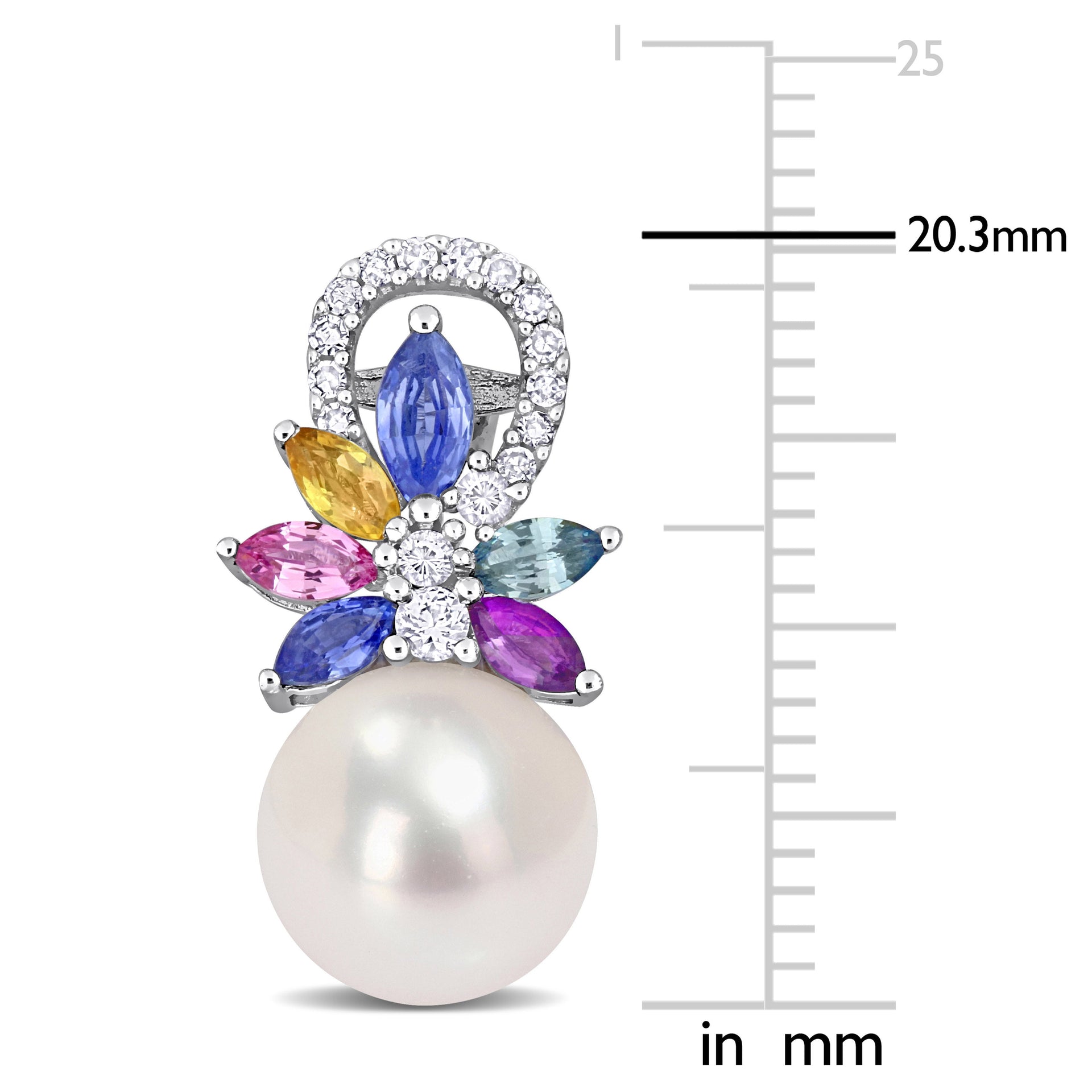 9-9.5 MM Cultured Freshwater Pearl and Multi Sapphire (Light Blue, White, Yellow, Pink, Purple & Green) and 1/8 CT TW Diamond Flower Drop Earrings in 14k White Gold