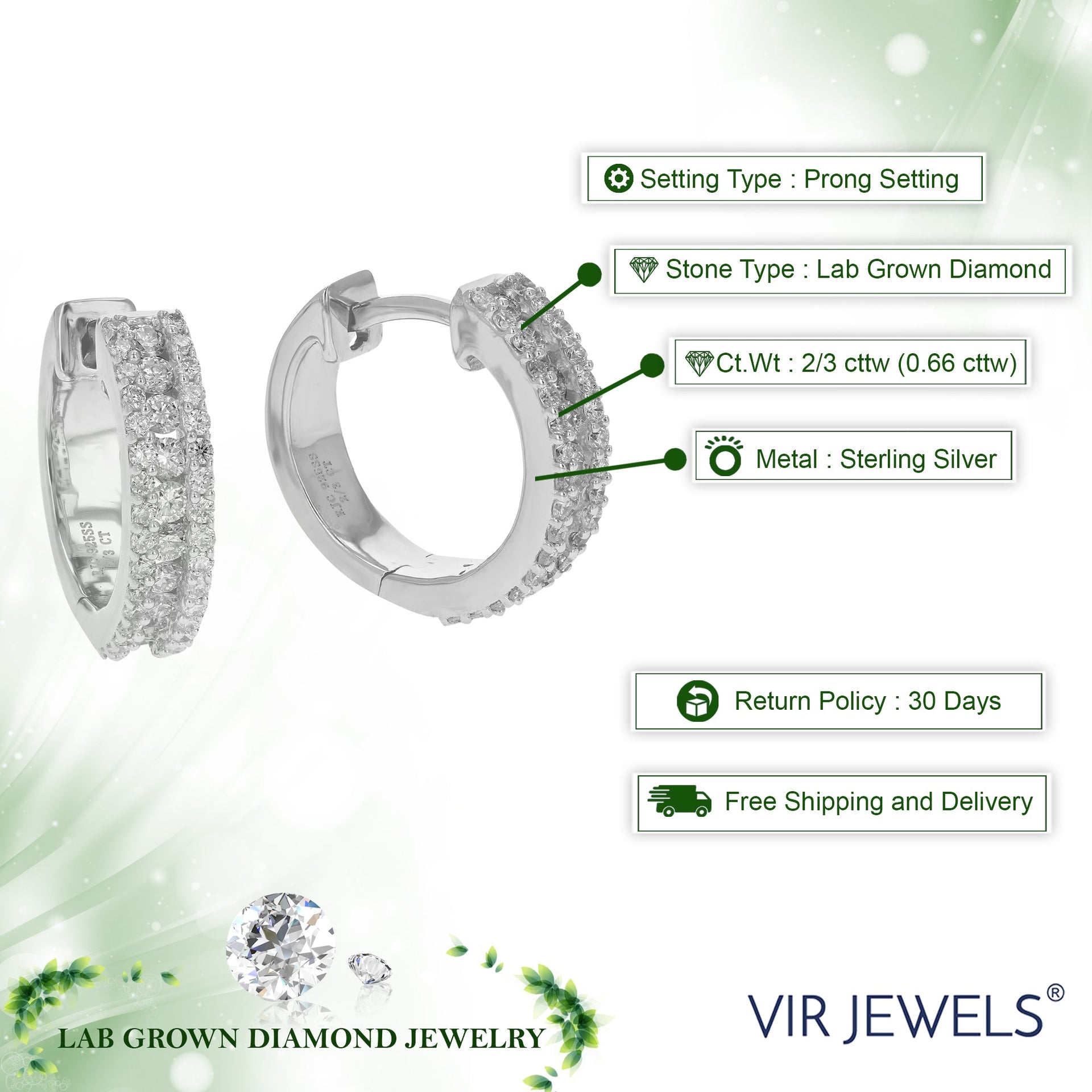 2/3 cttw Round Lab Grown Diamond Hoop Earrings .925 Sterling Silver Prong Set 1/2 Inch