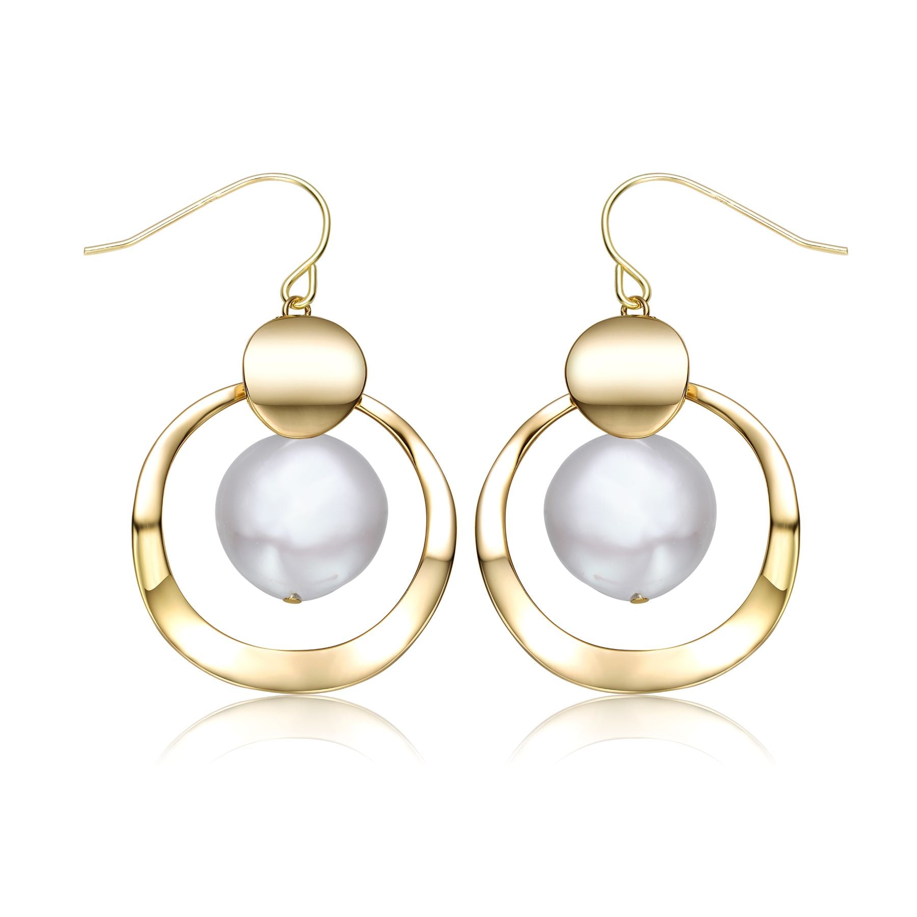 Sterling Silver 14k Yellow Gold Plated with White Coin Pearl Drop Double Dangle Geometric Earrings