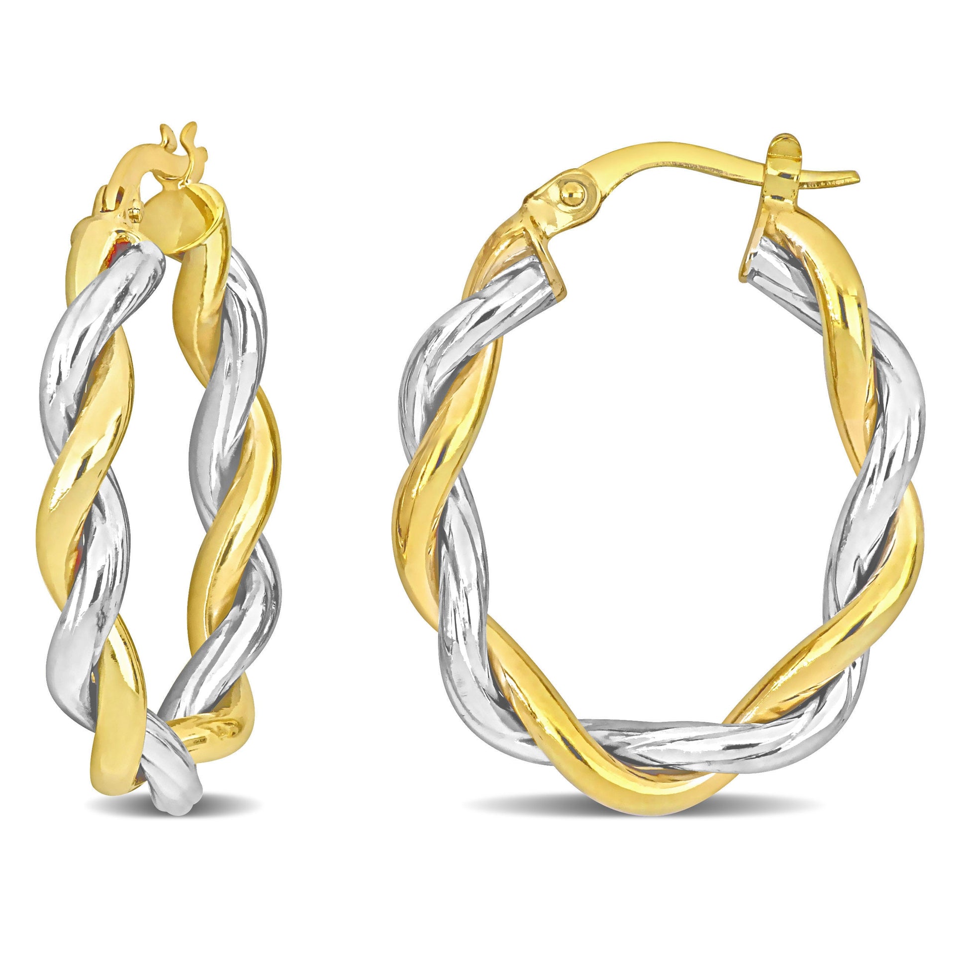 27 MM Twisted Oval Hoop Earrings in 2-Tone Yellow and White 10K Gold