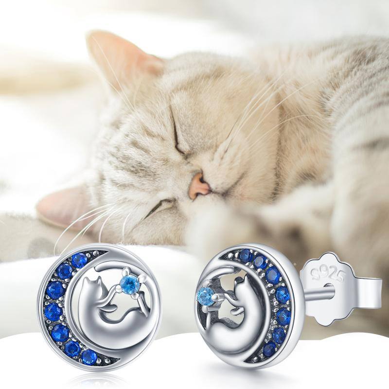 Sterling Silver Blue Cubic Zirconia Cat & Moon Circle Stud Earrings for Women