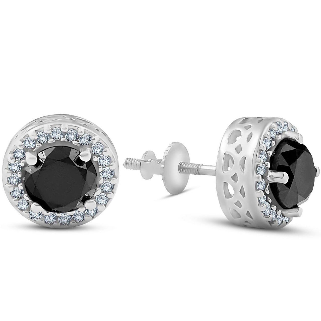 3.25 Ct Black & White Round Diamond Halo Studs 14K White Gold