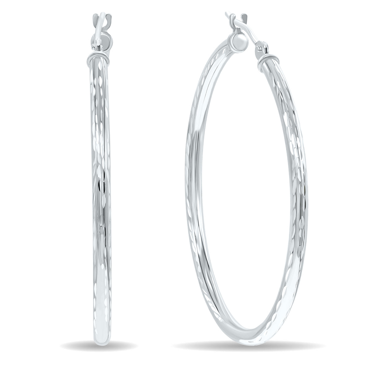 14K White Gold Shiny Diamond Cut Engraved Hoop Earrings 35mm