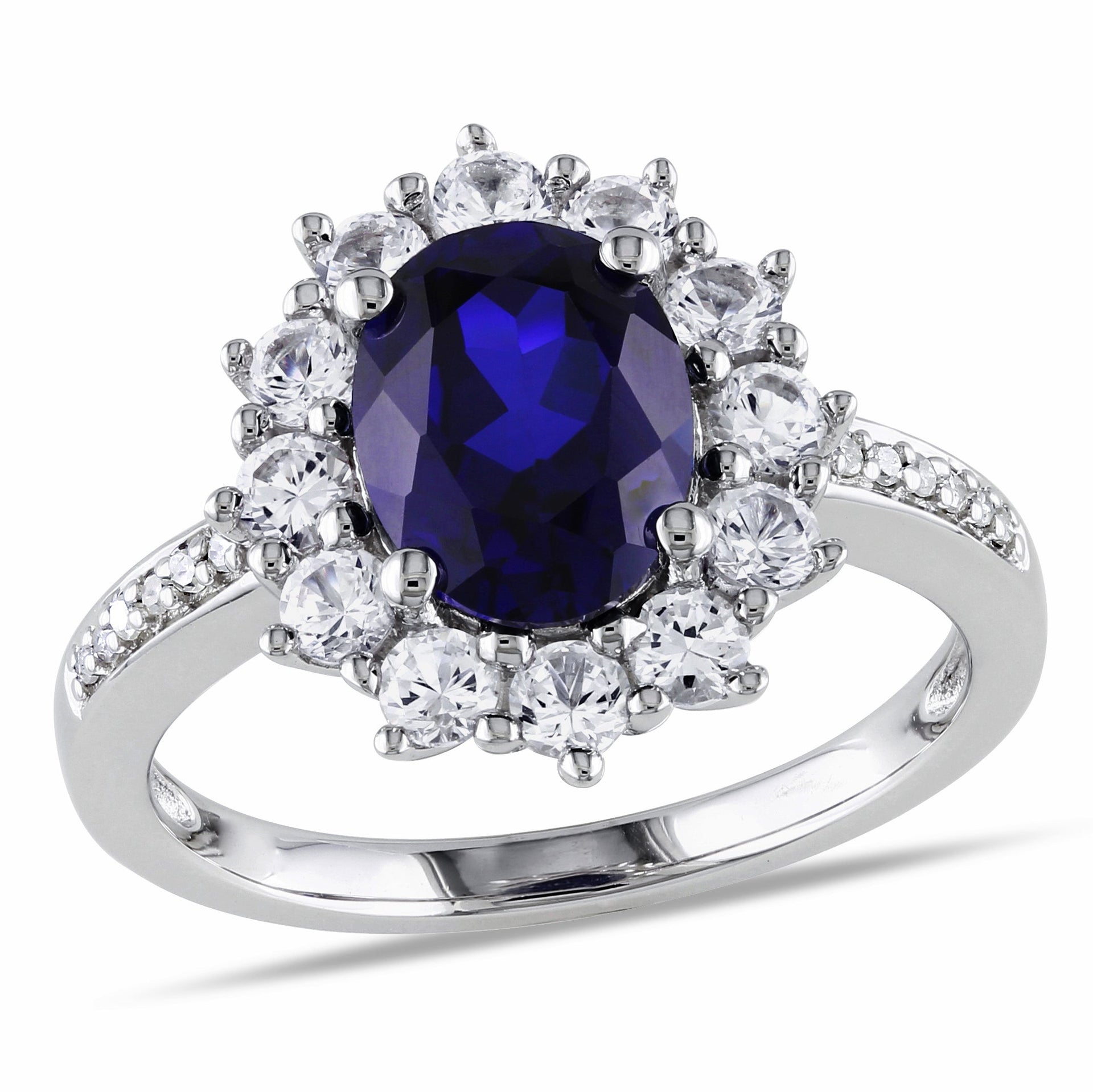 4 CT TGW Created Blue and White Sapphire and 0.05 CT TW Diamond Halo Ring in Sterling Silver