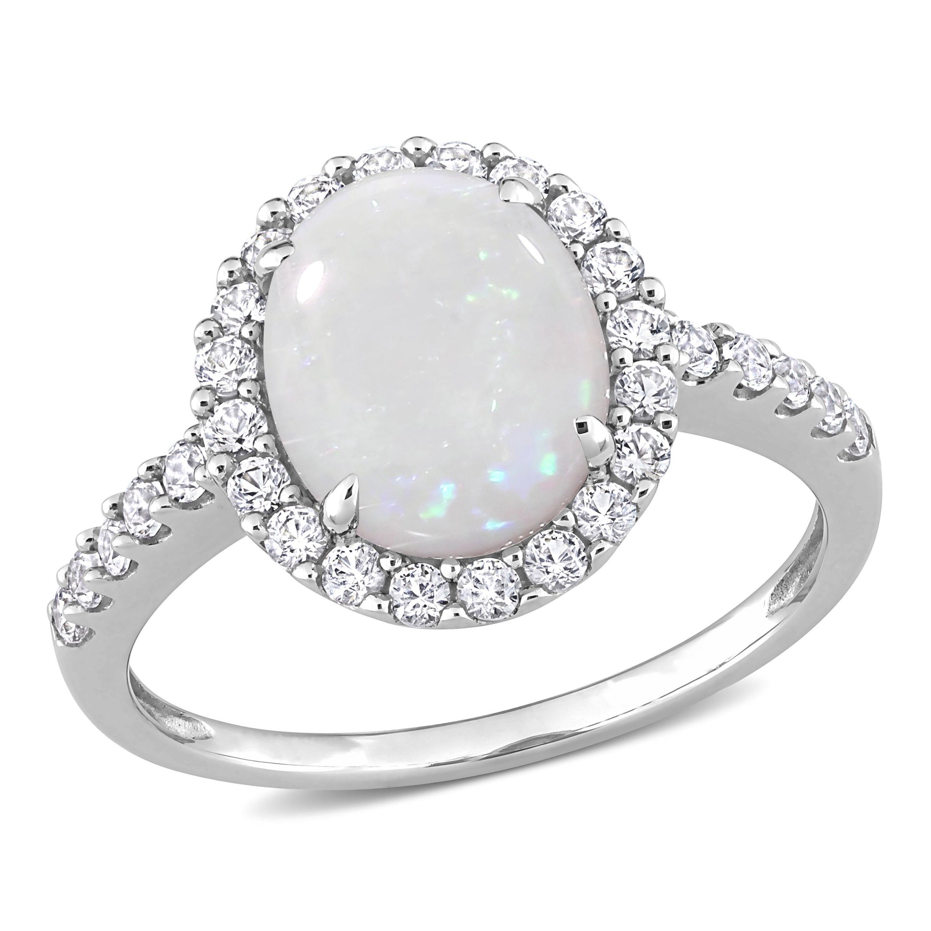 2 1/4 CT TGW Halo Oval Opal and Created White Sapphire Ring in 10K White Gold