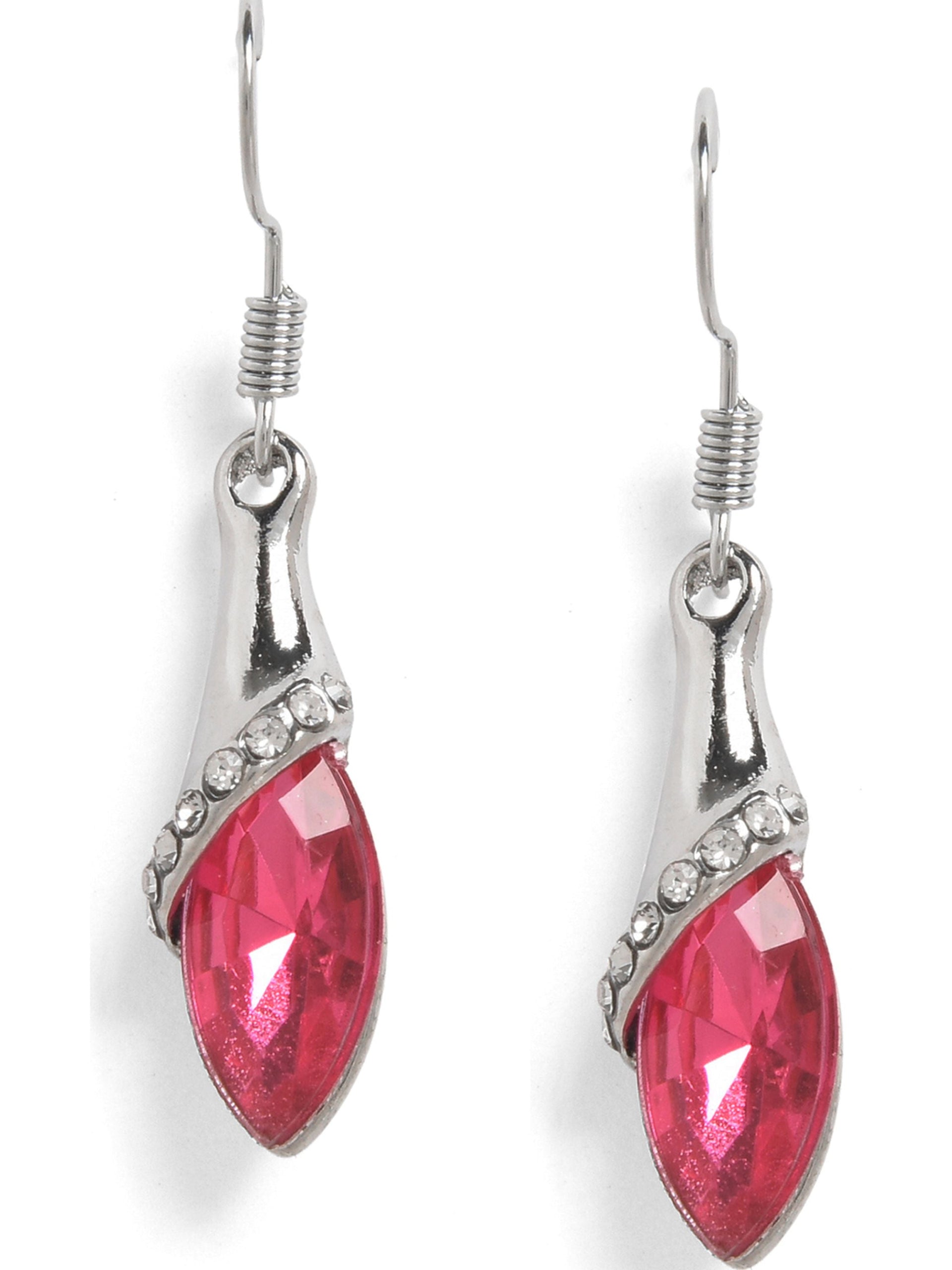 Pink Silver-toned Studded Leaf Shaped Drop Earrings