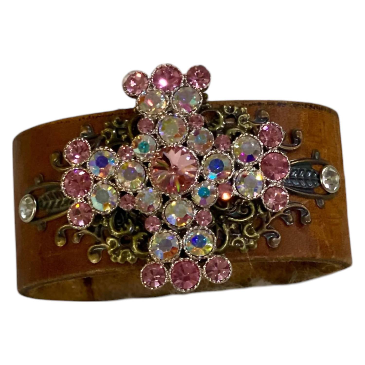 Leather Cuff With Pink And Ab Decorative Brooch Cross In Brown