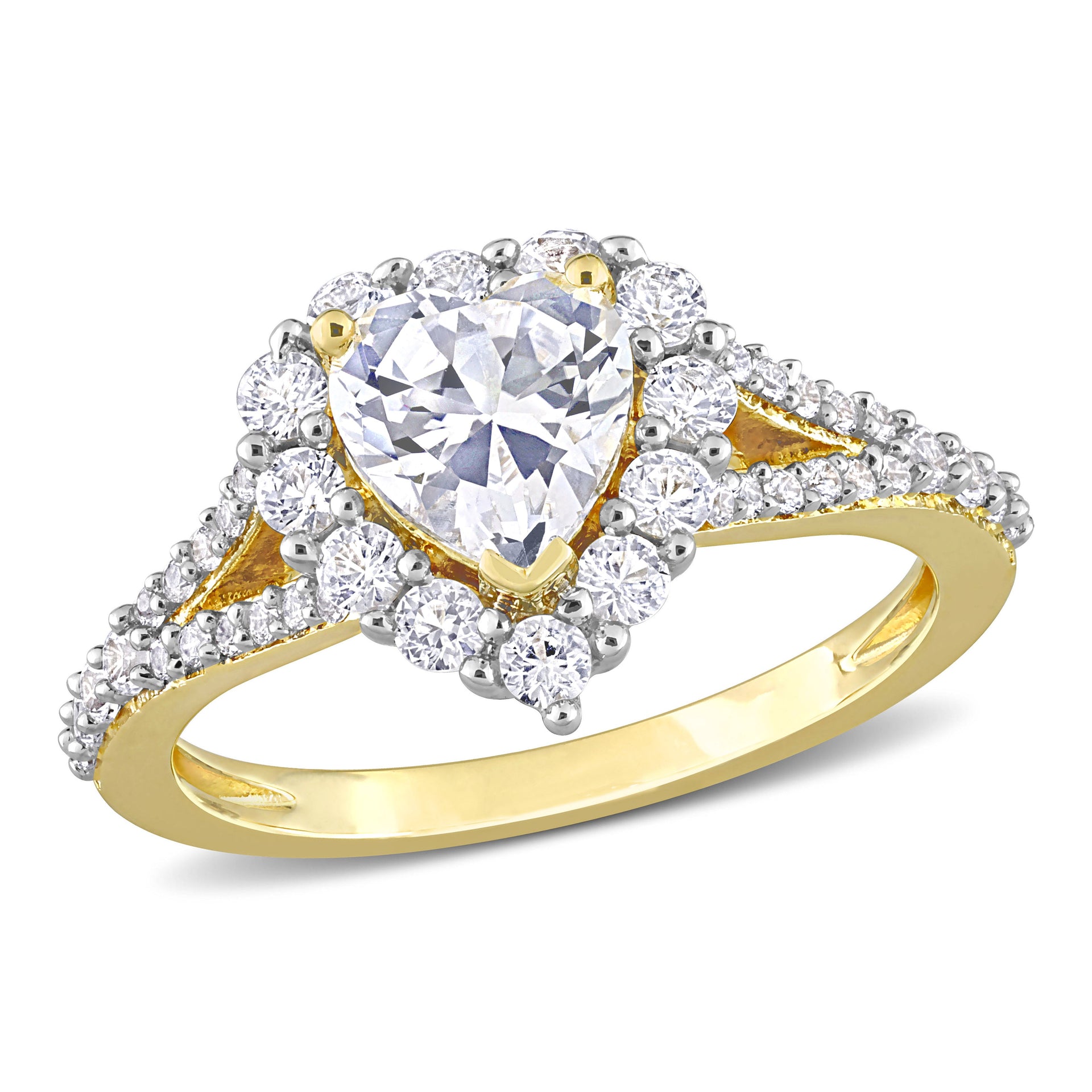 2 2/5 CT TGW Created White Sapphire Halo Heart Split Shank Ring in Yellow Plated Sterling Silver