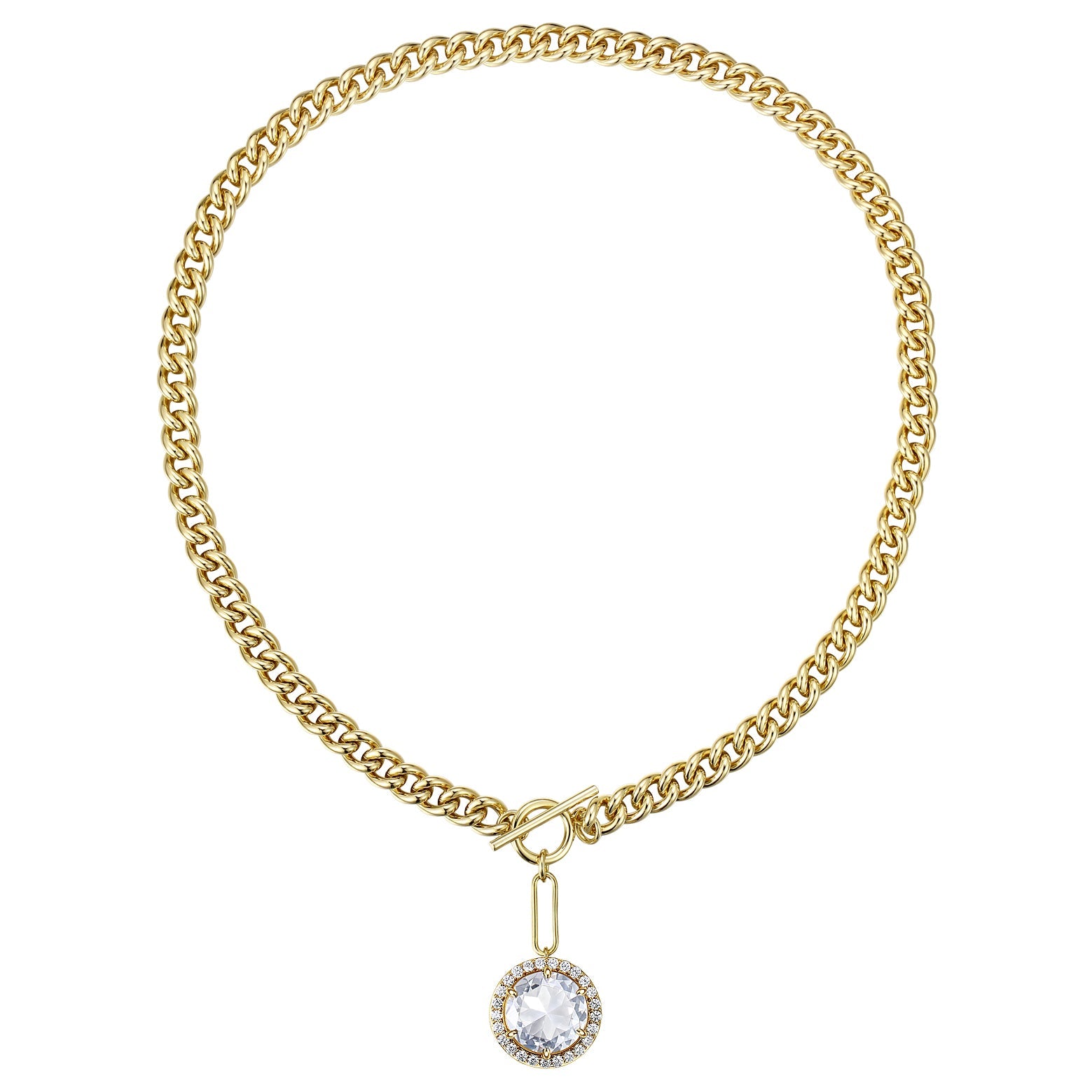 Rg 14k Gold Plated with Diamond Cubic Zirconia Cluster Drop Curb Chain Necklace w/ Toggle Clasp