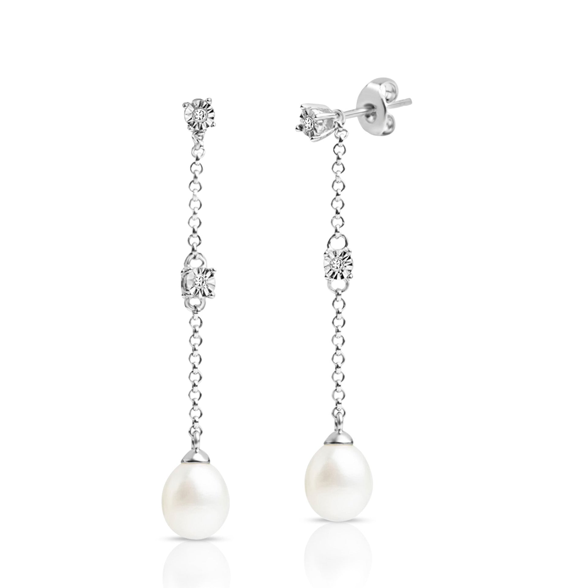 Freshwater Pearl & Natural Diamond Stellar Sparklers Earrings in Sterling Silver
