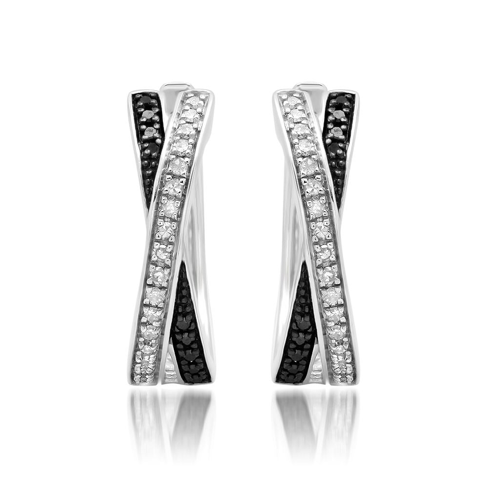 Sterling Silver Black and White Diamond 'X' Hoop Earrings (1/3 cttw, J-K Color, I2-I3 Clarity)