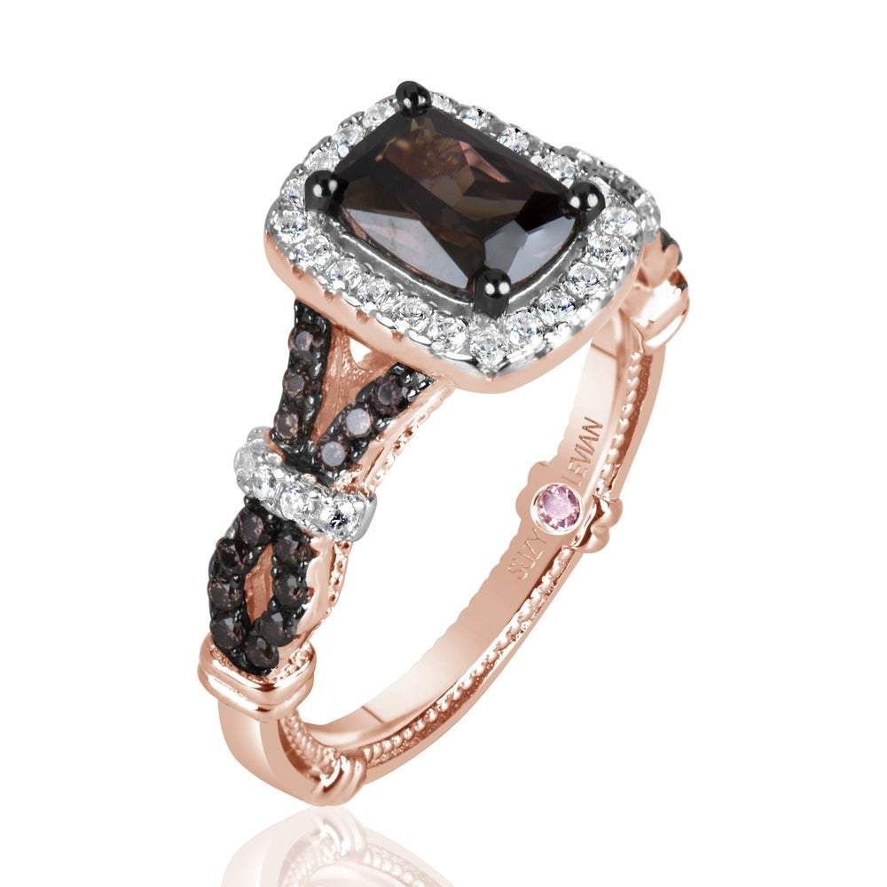 Suzy Levian Rose Sterling Silver Brown and White Cubic Zirconia Engagement Ring