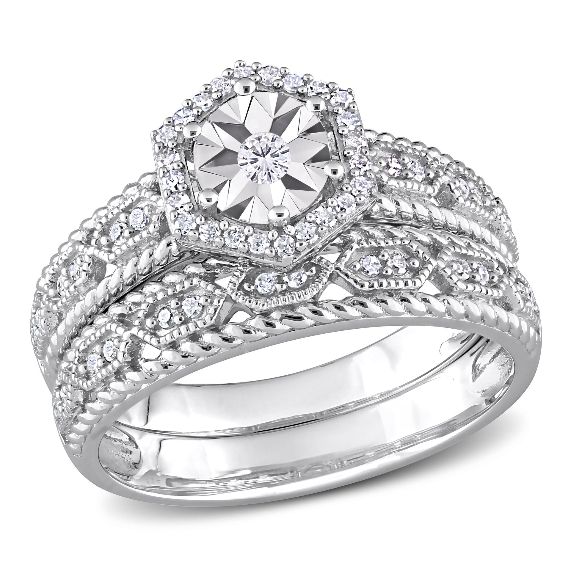 1/4 ct TDW Diamond Hexagon Halo Bridal Ring Set in Sterling Silver