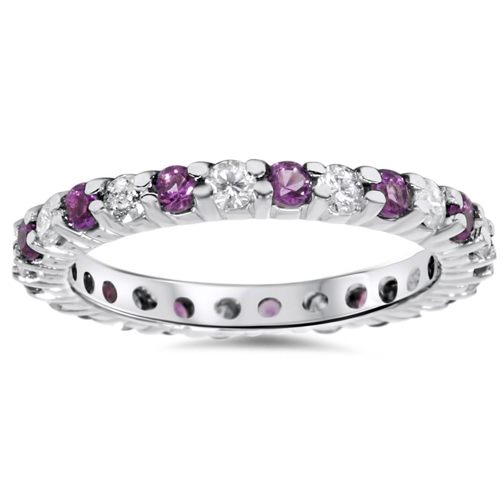 1 1/2 CT Diamond & Amethyst Eternity Stackable Ring 14K White Gold