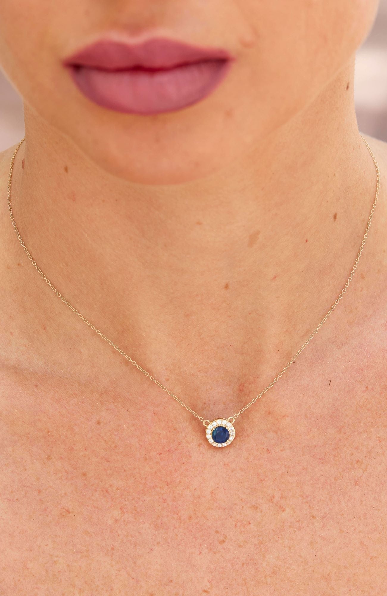 18K GOLD VERMEIL OVER STERLING SILVER NATURAL BLUE SAPPHIRE AND WHITE CZ PENDANT NECKLACE