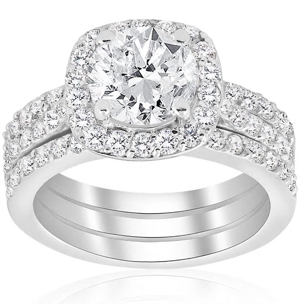 2 3/4 ct Cushion Halo Diamond Engagement Wedding Ring Trio Set 14k White Gold