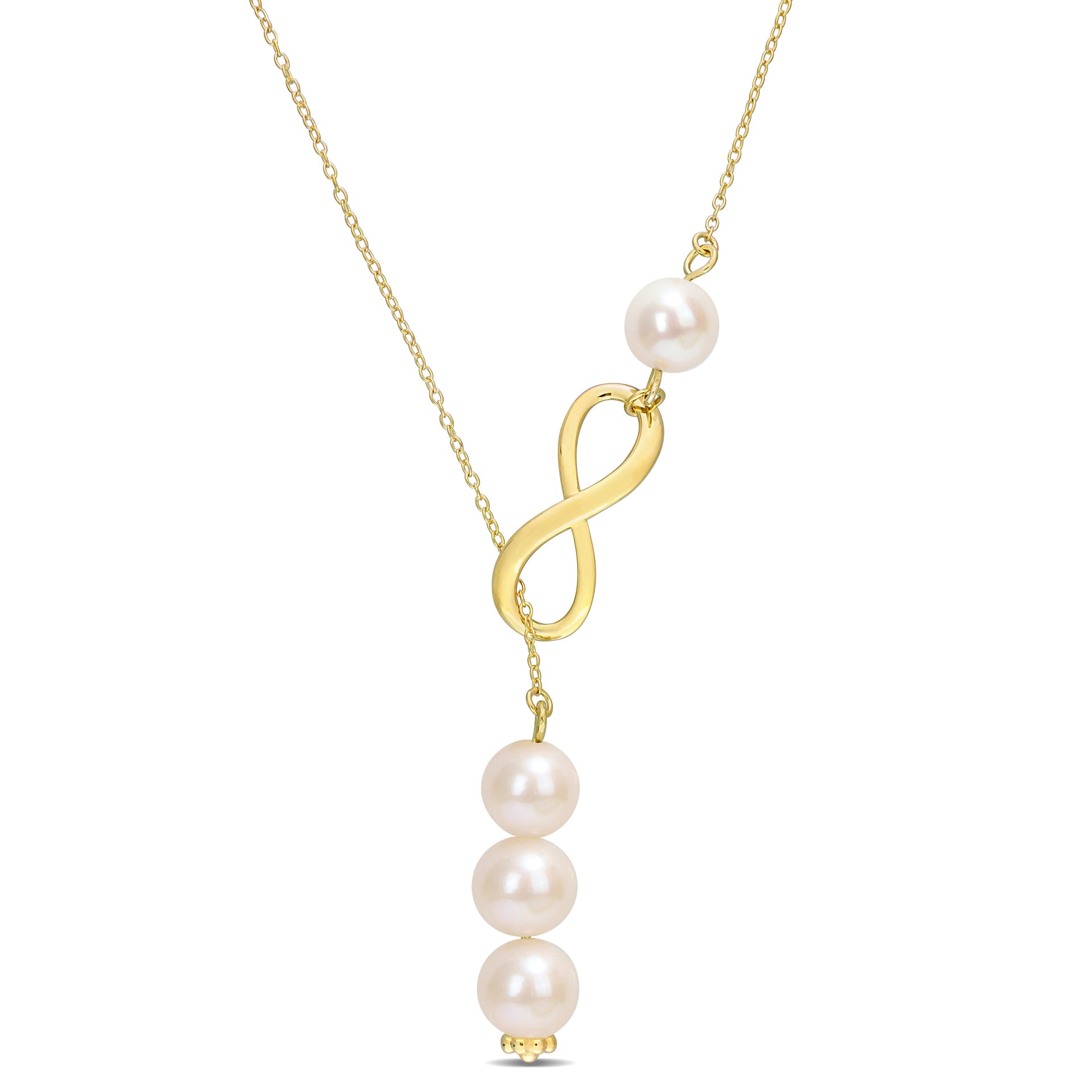 8-9mm Cultured Freshwater Pearl Infinity Lariat Necklace in Yellow Silver