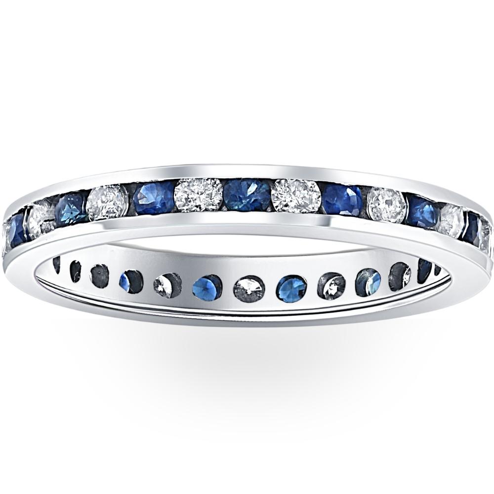 1CT Blue Sapphire & Diamond Channel Set Eternity Wedding Ring 14K White Gold