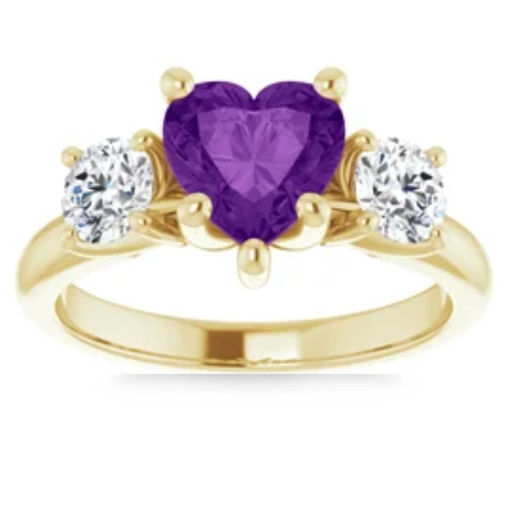 7mm Amethyst Three-Stone Diamond Heart Shape Ring in 14k White or Yellow Gold