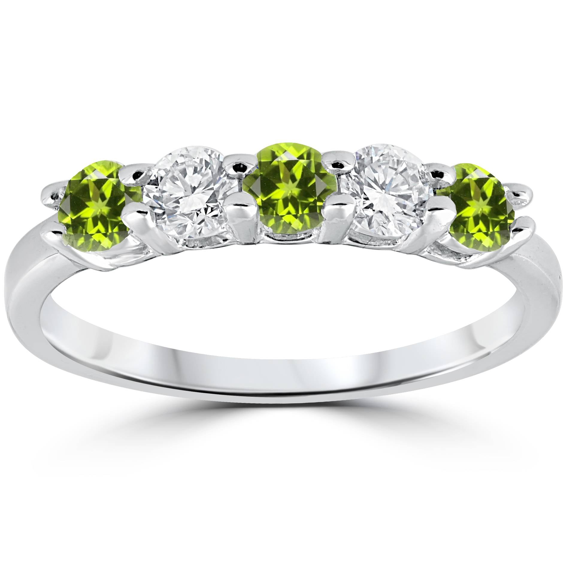 1/2 CT Peridot & Diamond 5 Stone Ring 14k White Gold