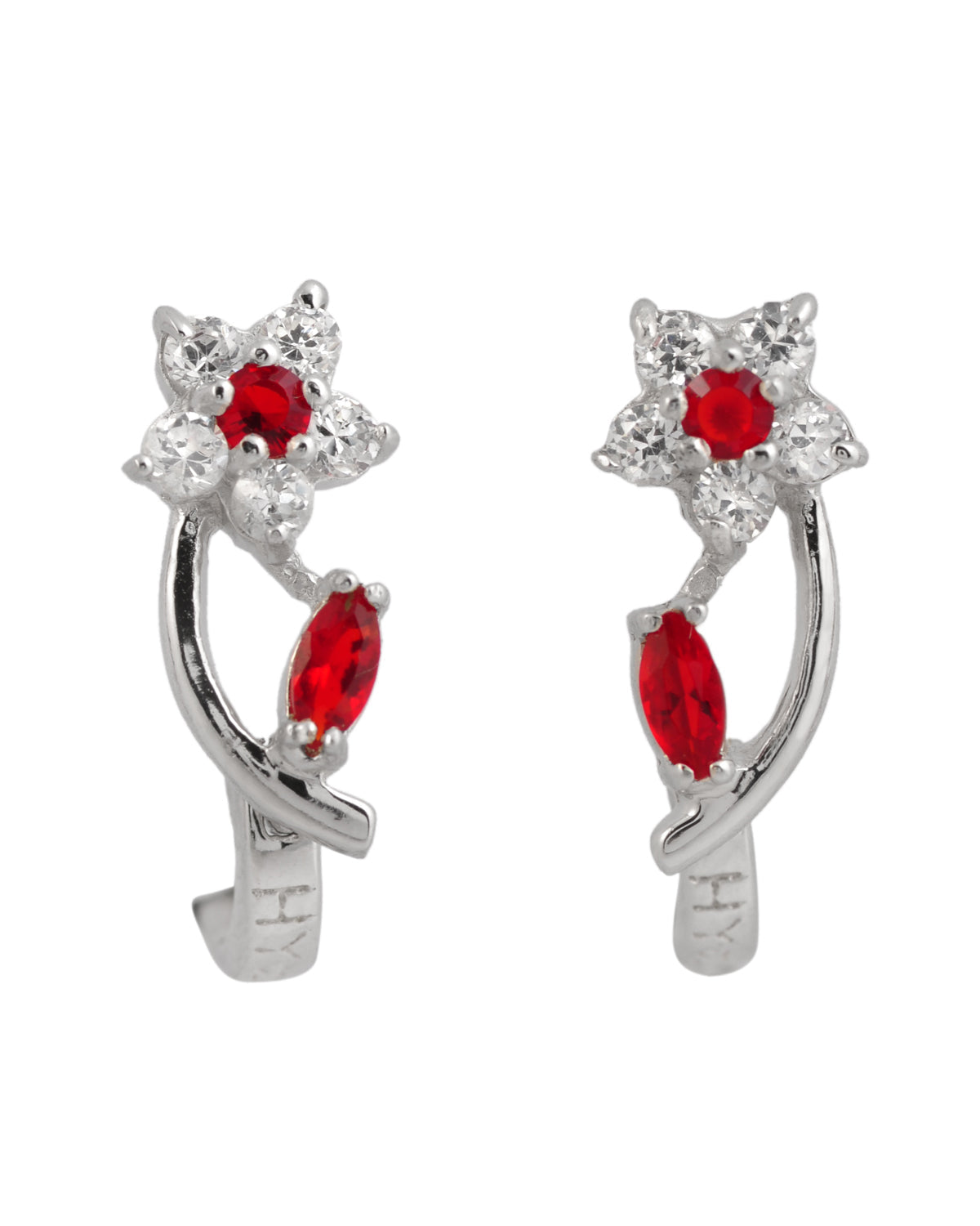 Sterling Silver Ruby Cubic Zirconia Flower Huggie Earrings