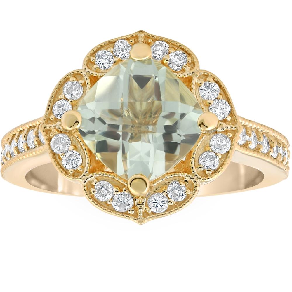 4 1/2 ct Green Amethyst Cushion & Diamond Ring in 10k Yellow Gold