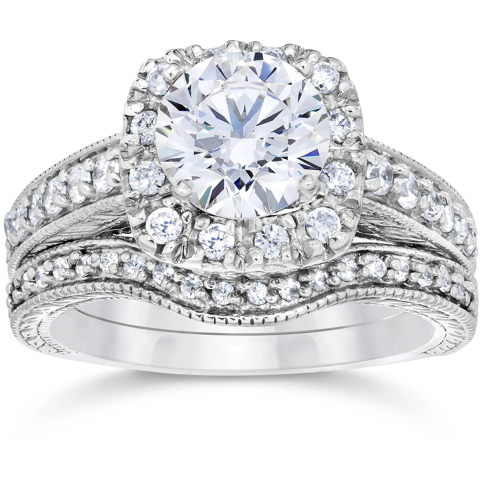 1 3/4ct Cushion Diamond Vintage Halo Engagement Ring Set 14K White Gold